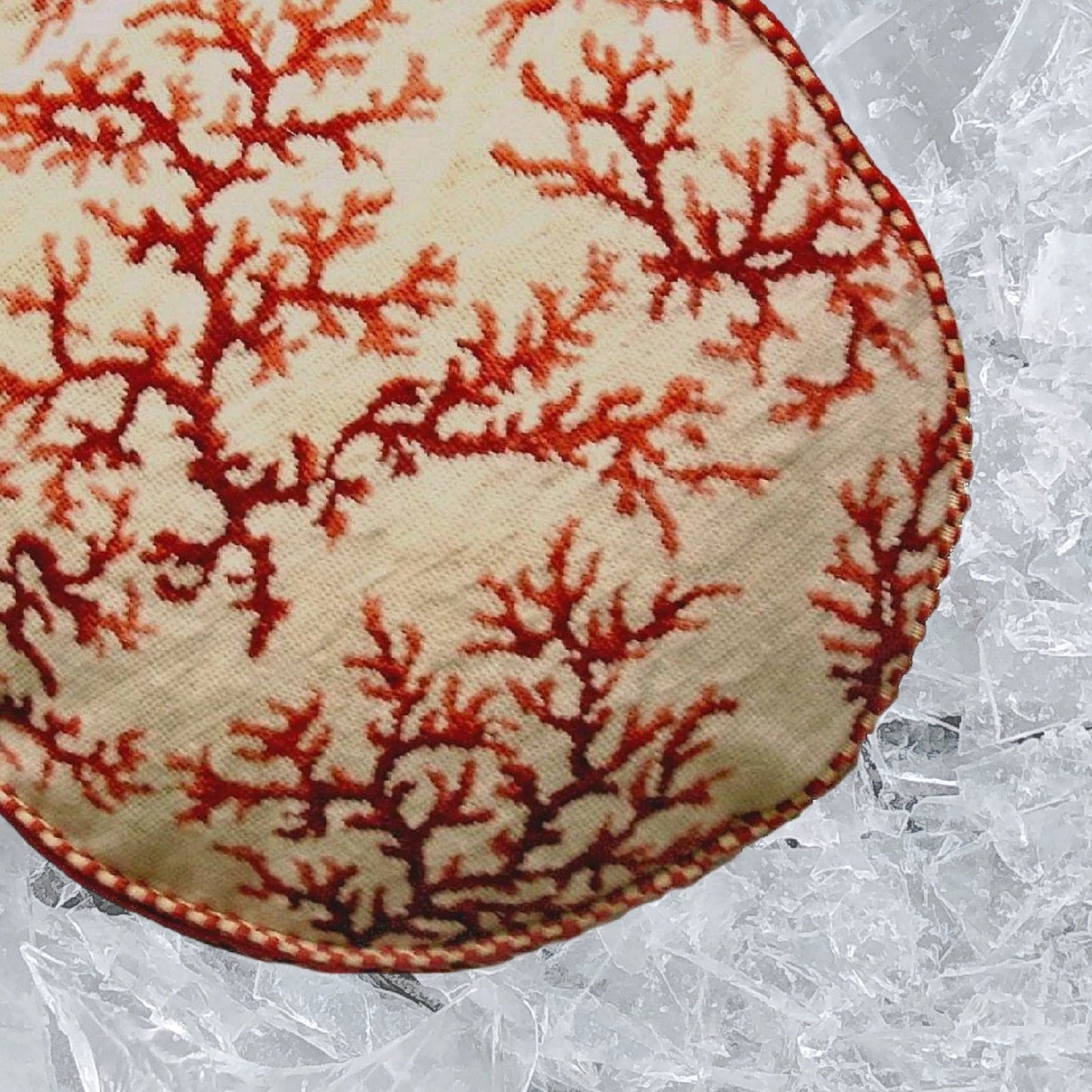 Handmade Wool Needlepoint Pillow Cover - Decorative Throw Cushion Cover - Vintage Floral Embroidery Design red coral ivory background with 2 color cording