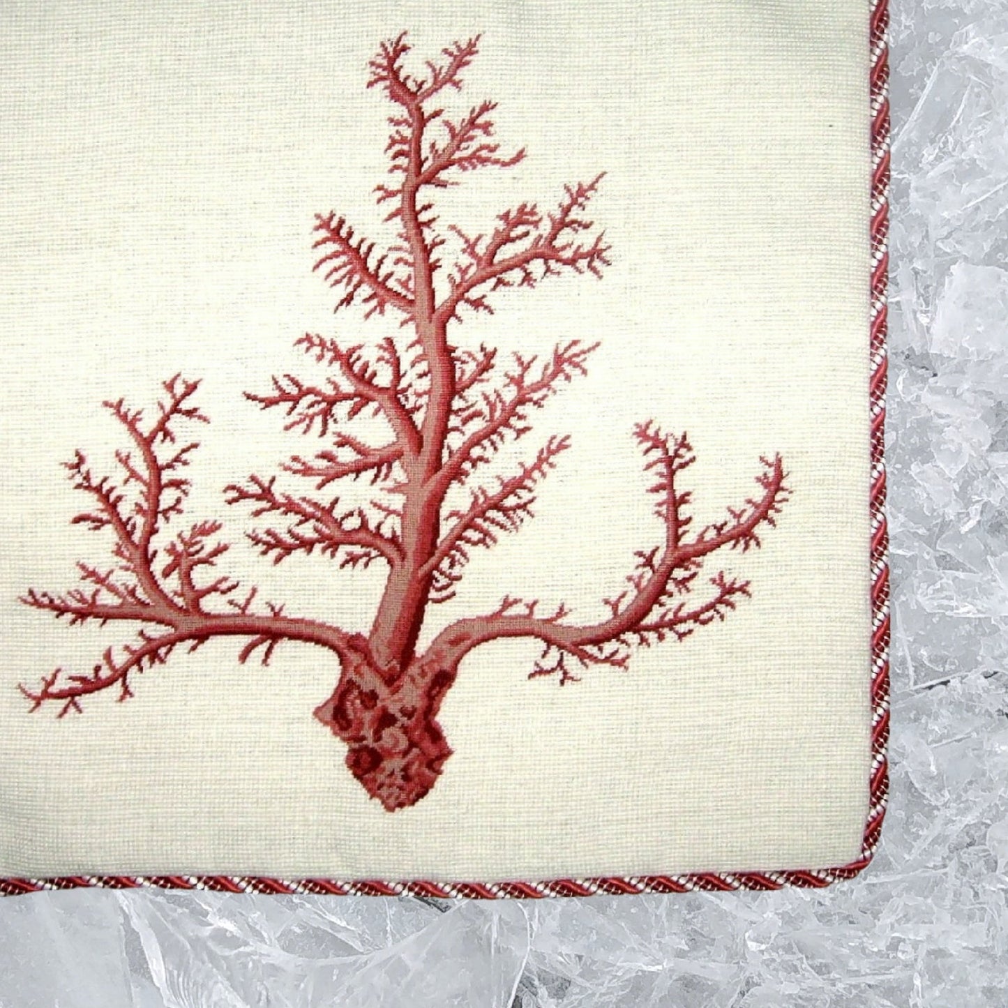 Handmade Wool Needlepoint Pillow Cover - Decorative Throw Cushion Cover - Vintage Floral Embroidery Design red large coral with cording