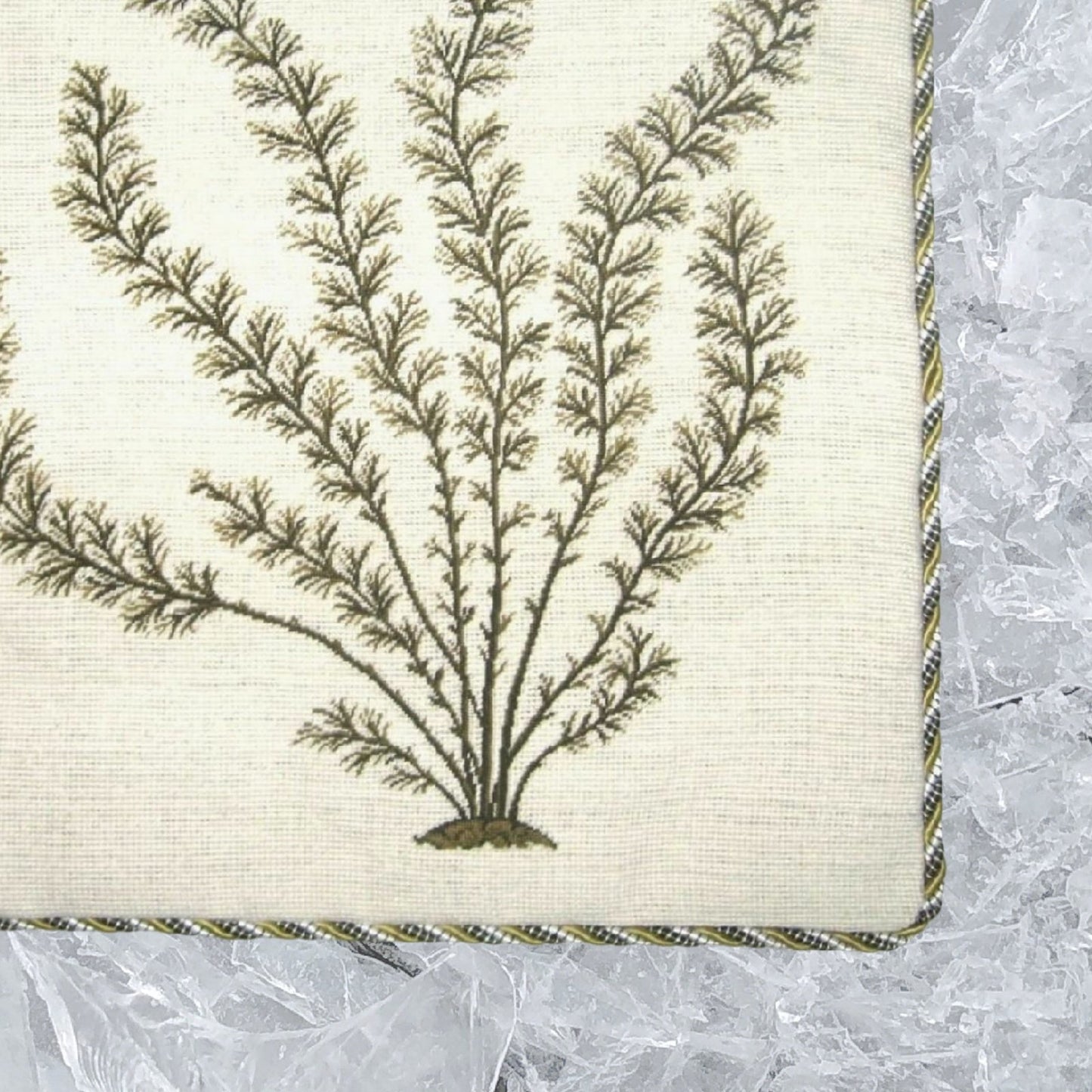 Handmade Wool Needlepoint Pillow Cover - Decorative Throw Cushion Cover - Vintage Floral Embroidery Design seaweeds green Marestail with cording