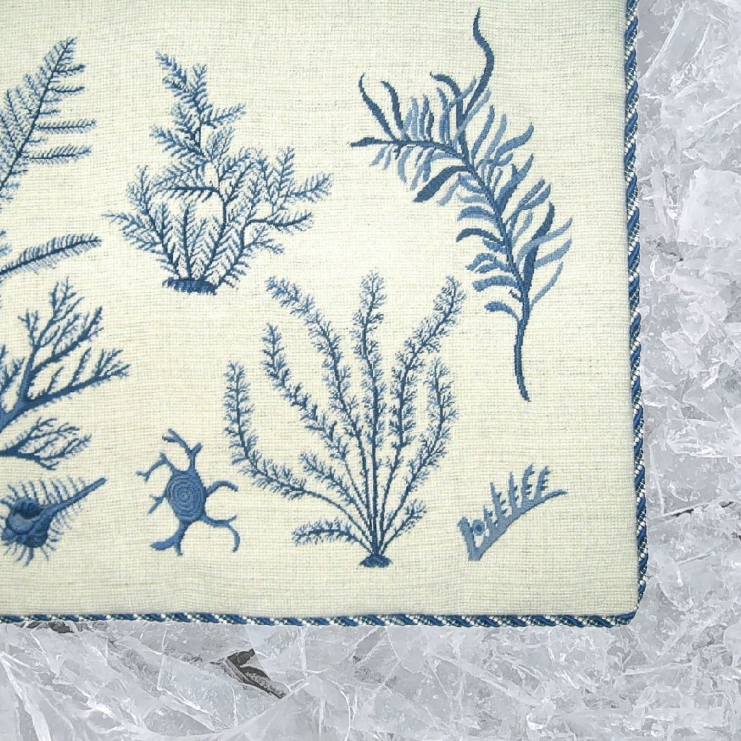 Handmade Wool Needlepoint Pillow Cover - Decorative Throw Cushion Cover - Vintage Floral Embroidery Design blue group seaweeds with cording