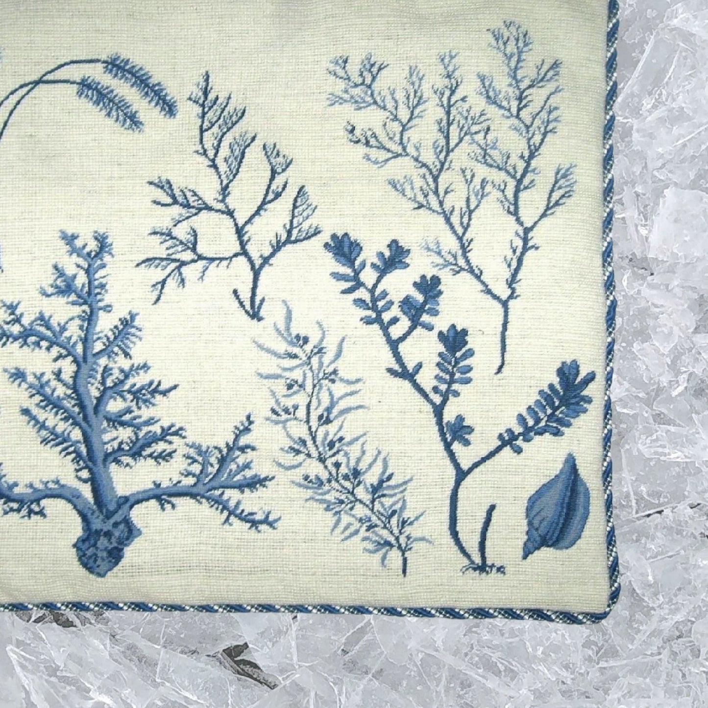 Handmade Wool Needlepoint Pillow Cover - Decorative Throw Cushion Cover - Vintage Floral Embroidery Design blue group seaweeds with coral left bottom with cording