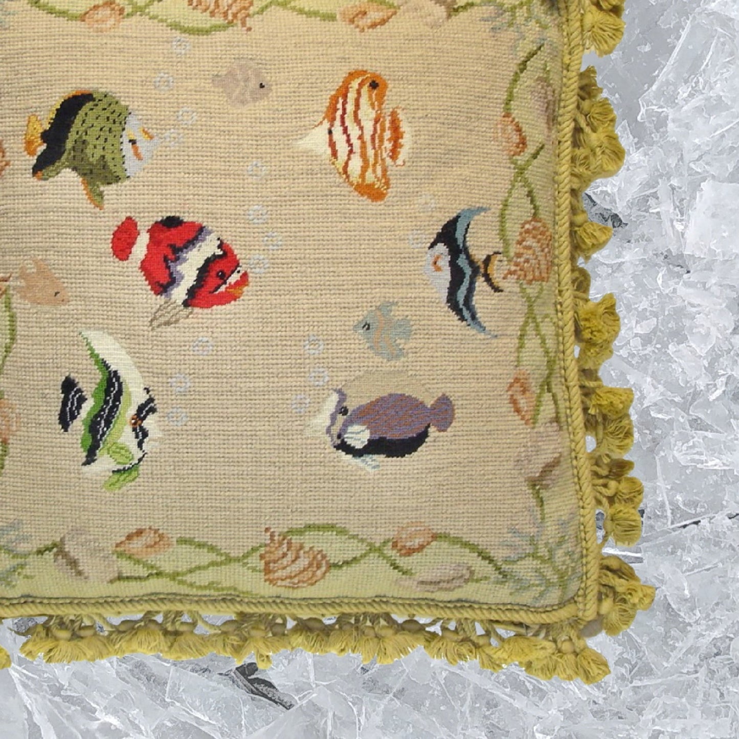 Handmade Wool Needlepoint Pillow Cover - Decorative Throw Cushion Cover - Vintage Floral Embroidery Design fishes with grosspoint 2 color background, nature tassels