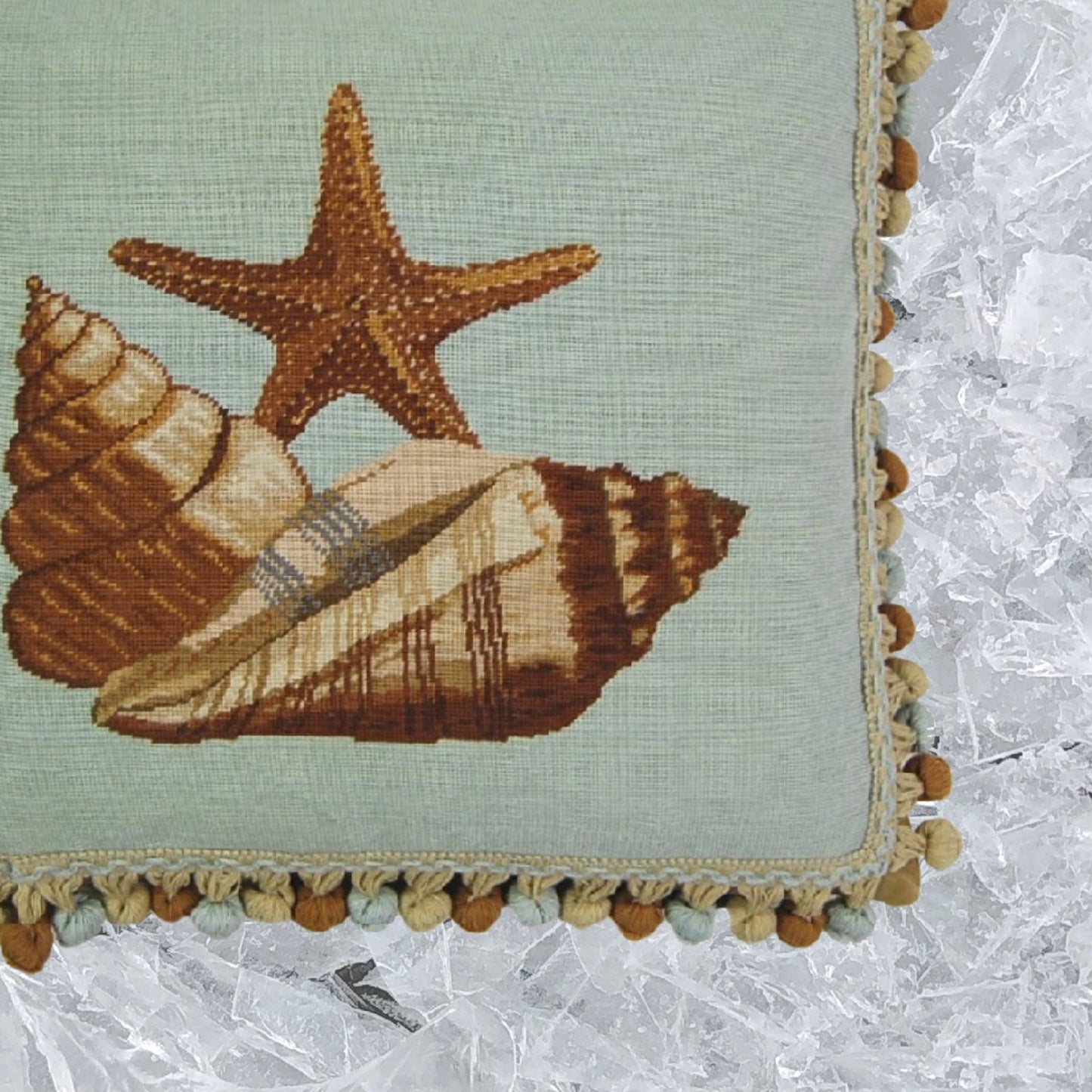 Handmade Wool Needlepoint Pillow Cover - Decorative Throw Cushion Cover - Vintage Floral Embroidery Design blue background with brown sea star fish and sea shells with tassel