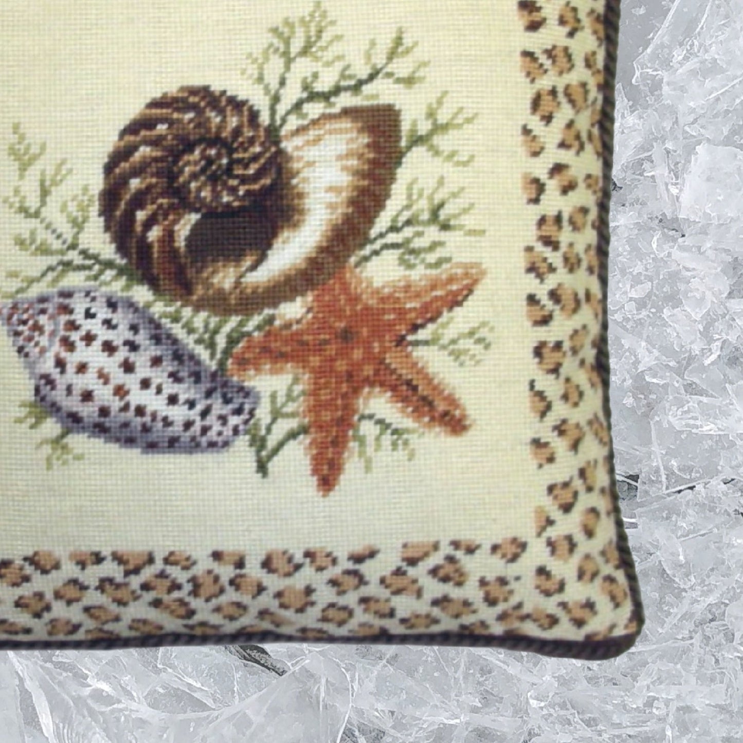 Handmade Wool Needlepoint Pillow Cover - Decorative Throw Cushion Cover - Vintage Floral Embroidery Design dark sea shell and star fish with brown cording