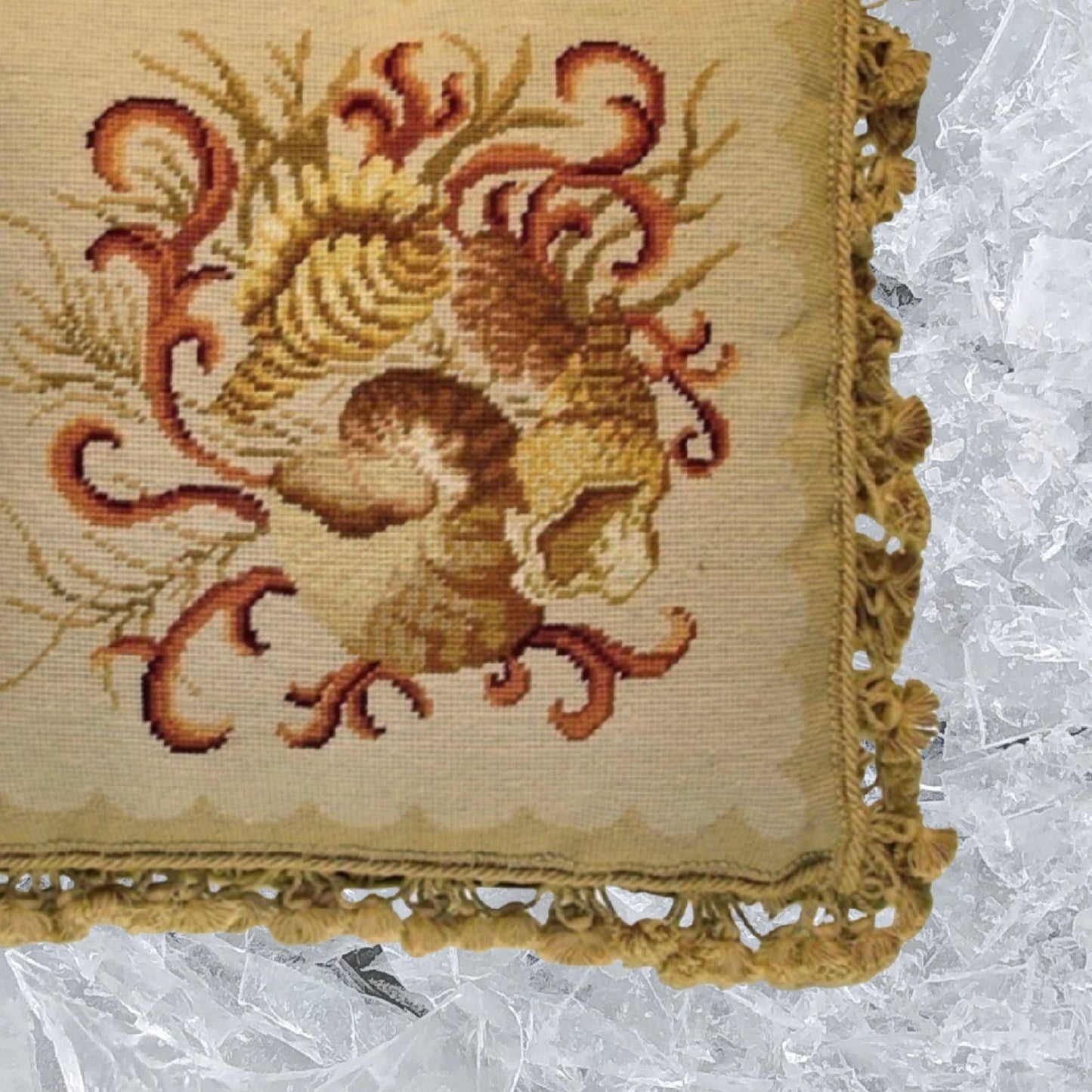 Handmade Wool Needlepoint Pillow Cover - Decorative Throw Cushion Cover - Vintage Floral Embroidery Design All shell with dark bage tassels