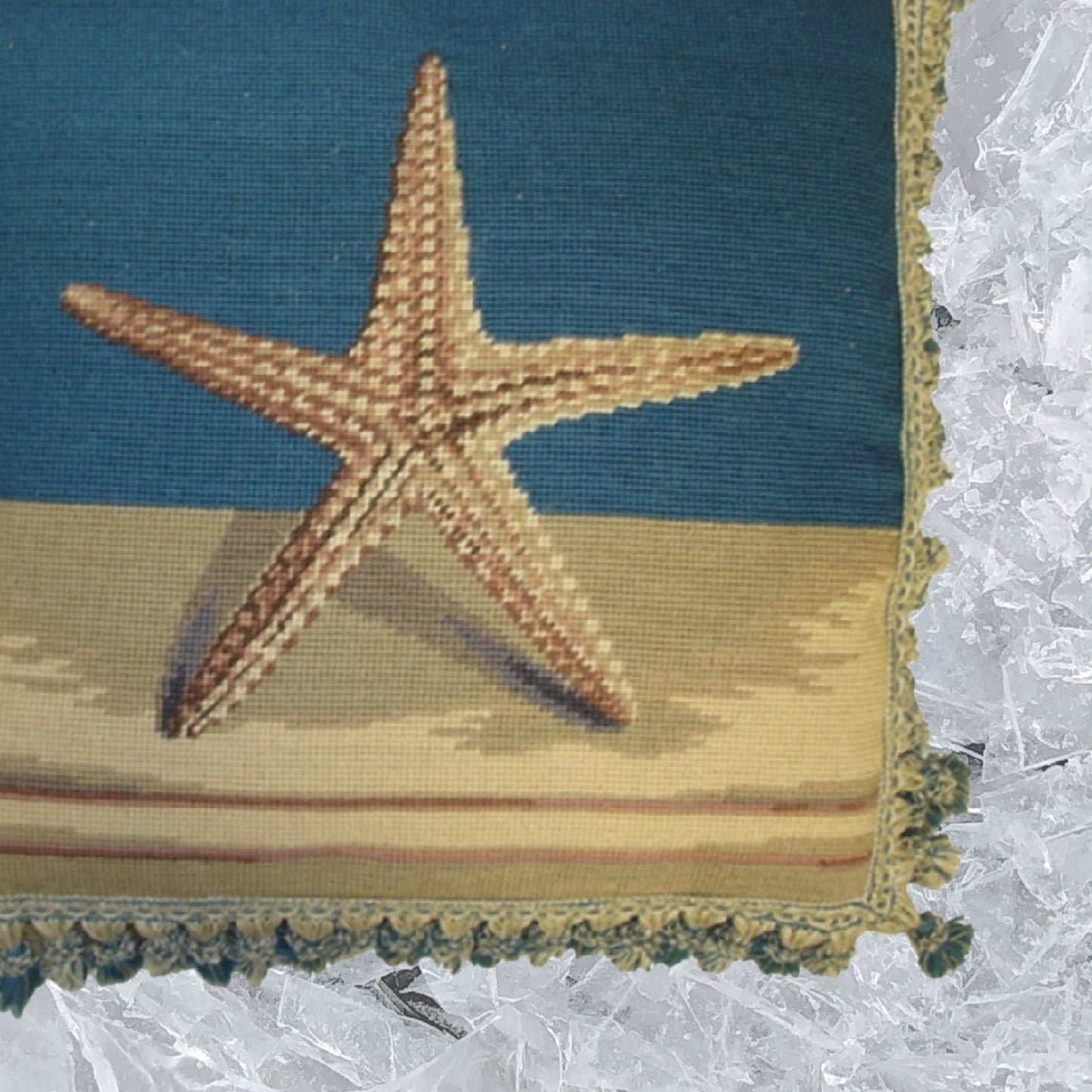 Handmade Wool Needlepoint Pillow Cover - Decorative Throw Cushion Cover - Vintage Floral Embroidery Design sea star with 2 color tassel