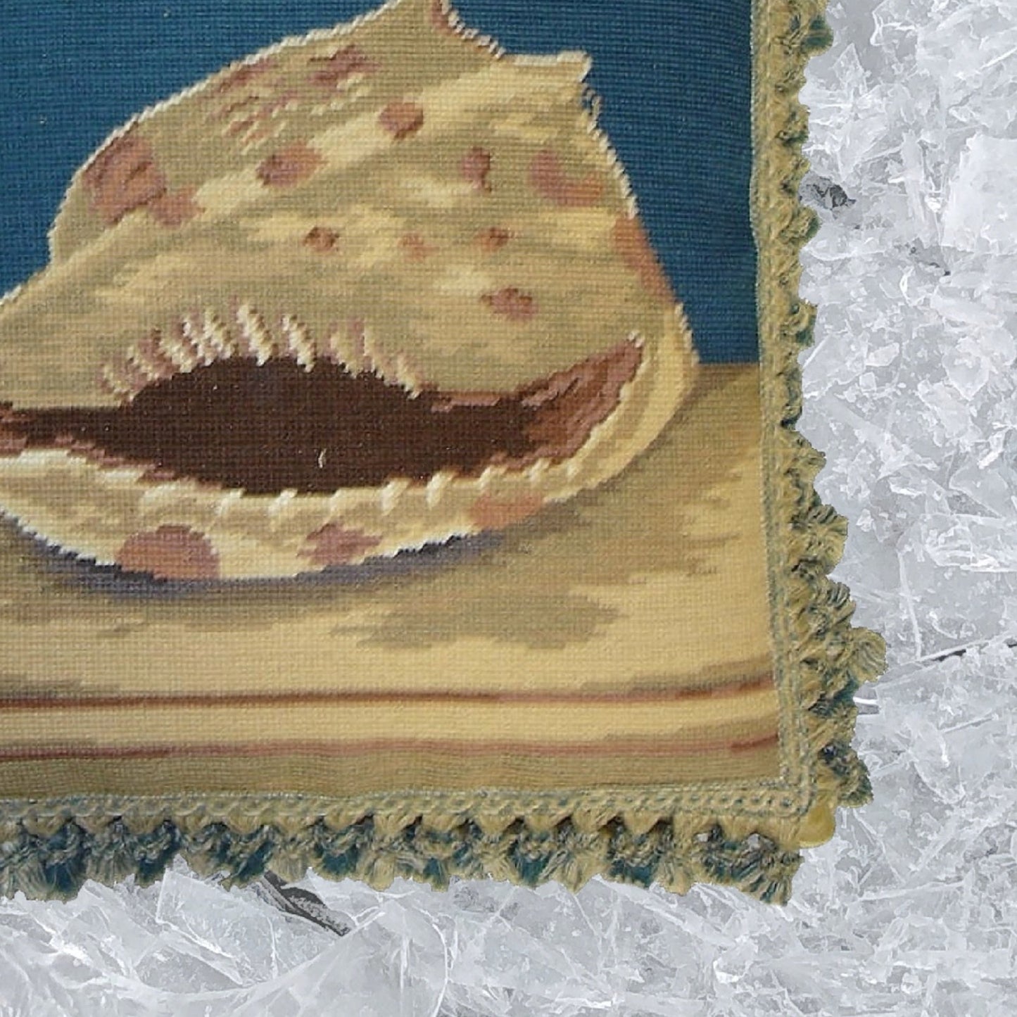 Handmade Wool Needlepoint Pillow Cover - Decorative Throw Cushion Cover - Vintage Floral Embroidery Design sea sprialshell with 2 color tassel