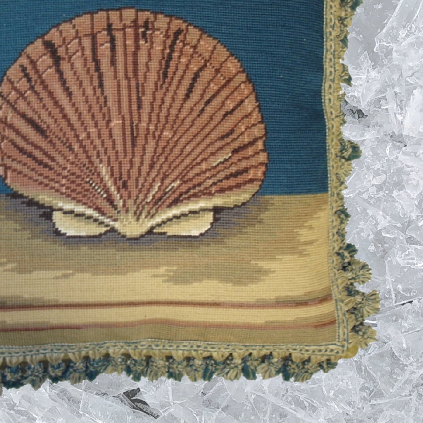 Handmade Wool Needlepoint Pillow Cover - Decorative Throw Cushion Cover - Vintage Floral Embroidery Design sea fanshell with 2 color tassel