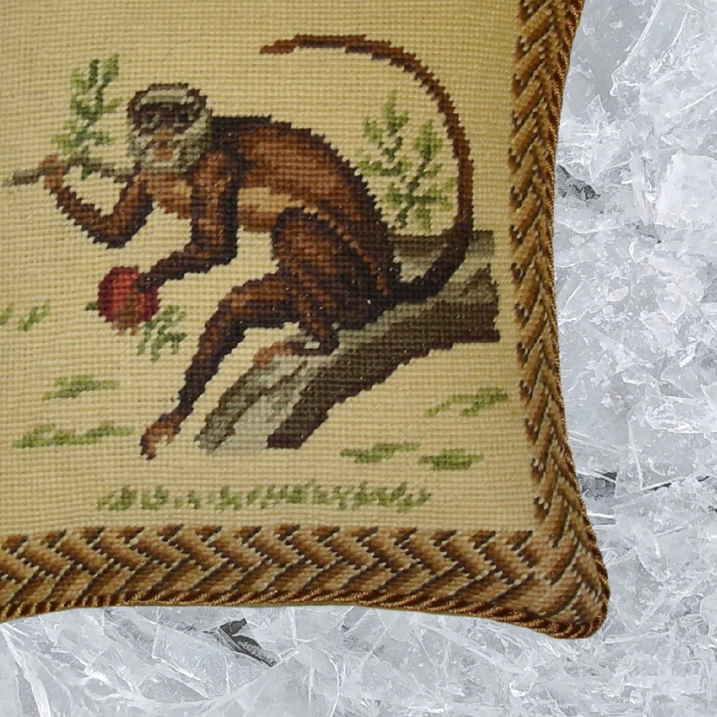 Handmade Wool Needlepoint Pillow Cover - Decorative Throw Cushion Cover - Vintage Floral Embroidery Design monkey carry leaves with cording
