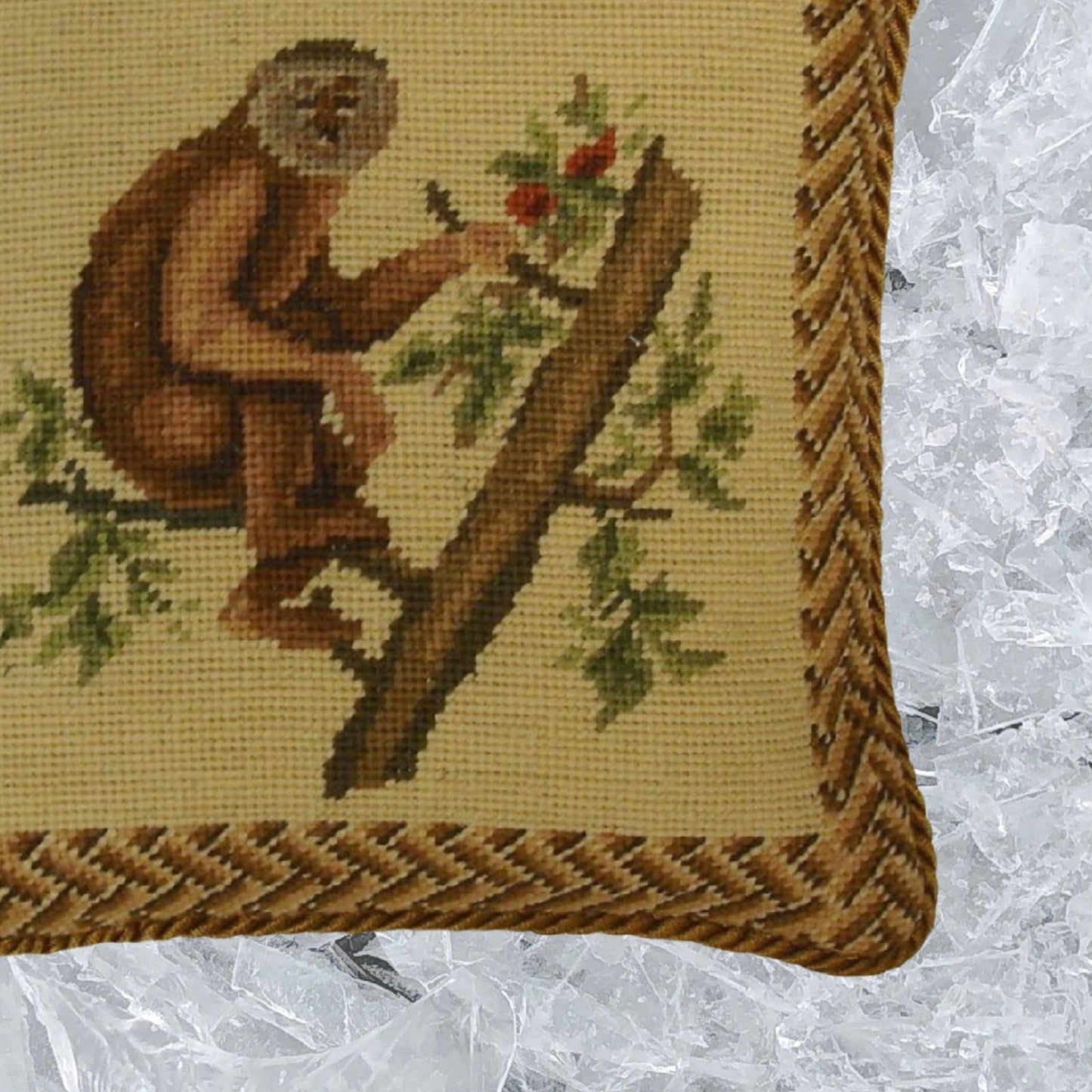 Handmade Wool Needlepoint Pillow Cover - Decorative Throw Cushion Cover - Vintage Floral Embroidery Design monkey holding the branch