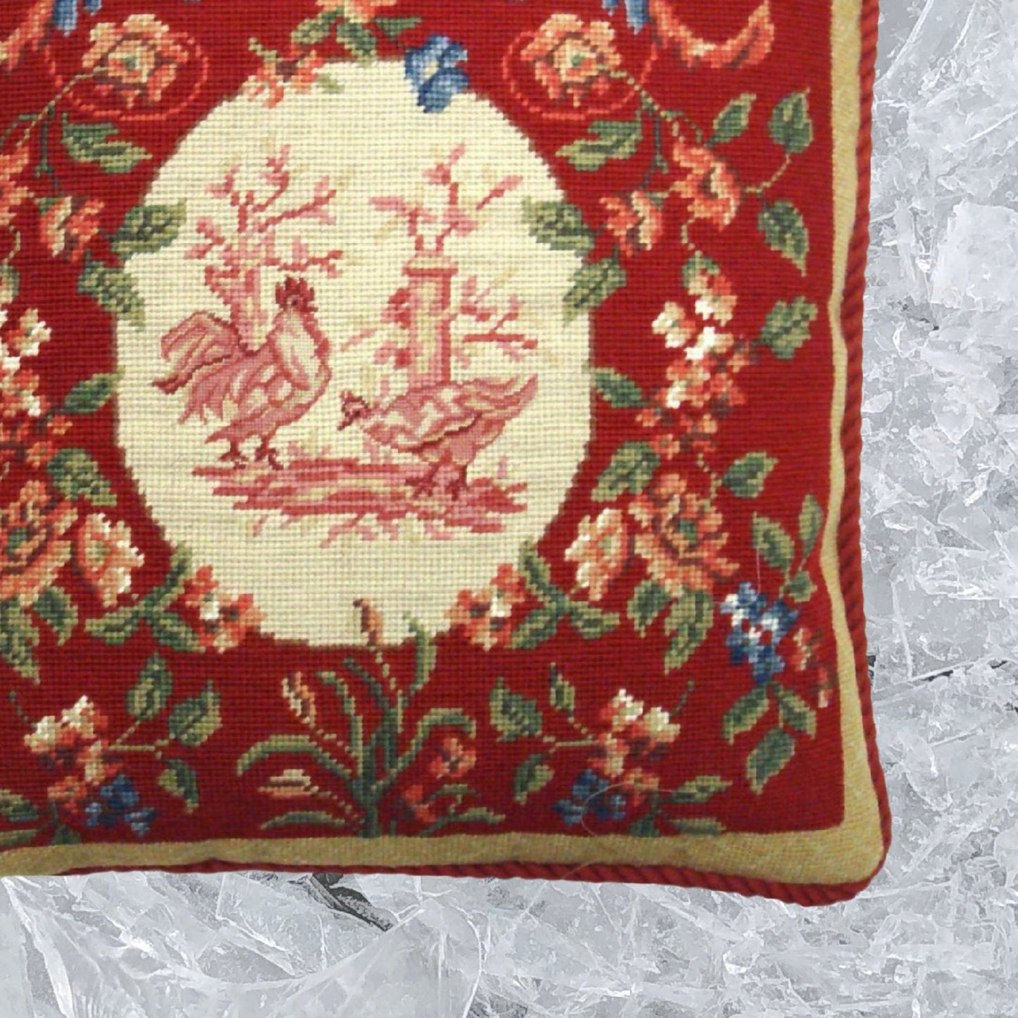 Handmade Wool Needlepoint Pillow Cover - Decorative Throw Cushion Cover - Vintage Floral Embroidery Design chickens floral with red cording