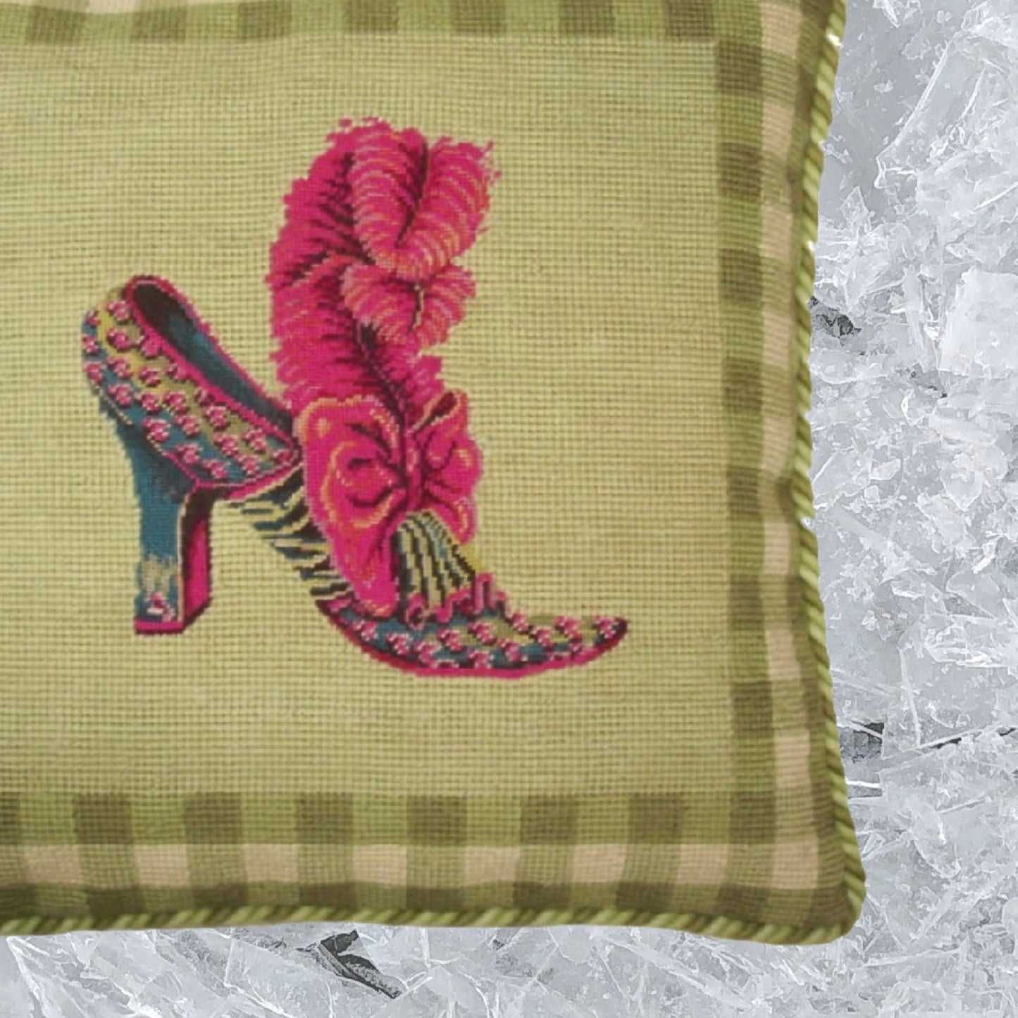 Handmade Wool Needlepoint Pillow Cover - Decorative Throw Cushion Cover - Vintage Floral Embroidery Design feather shoe with green background 2 color cording