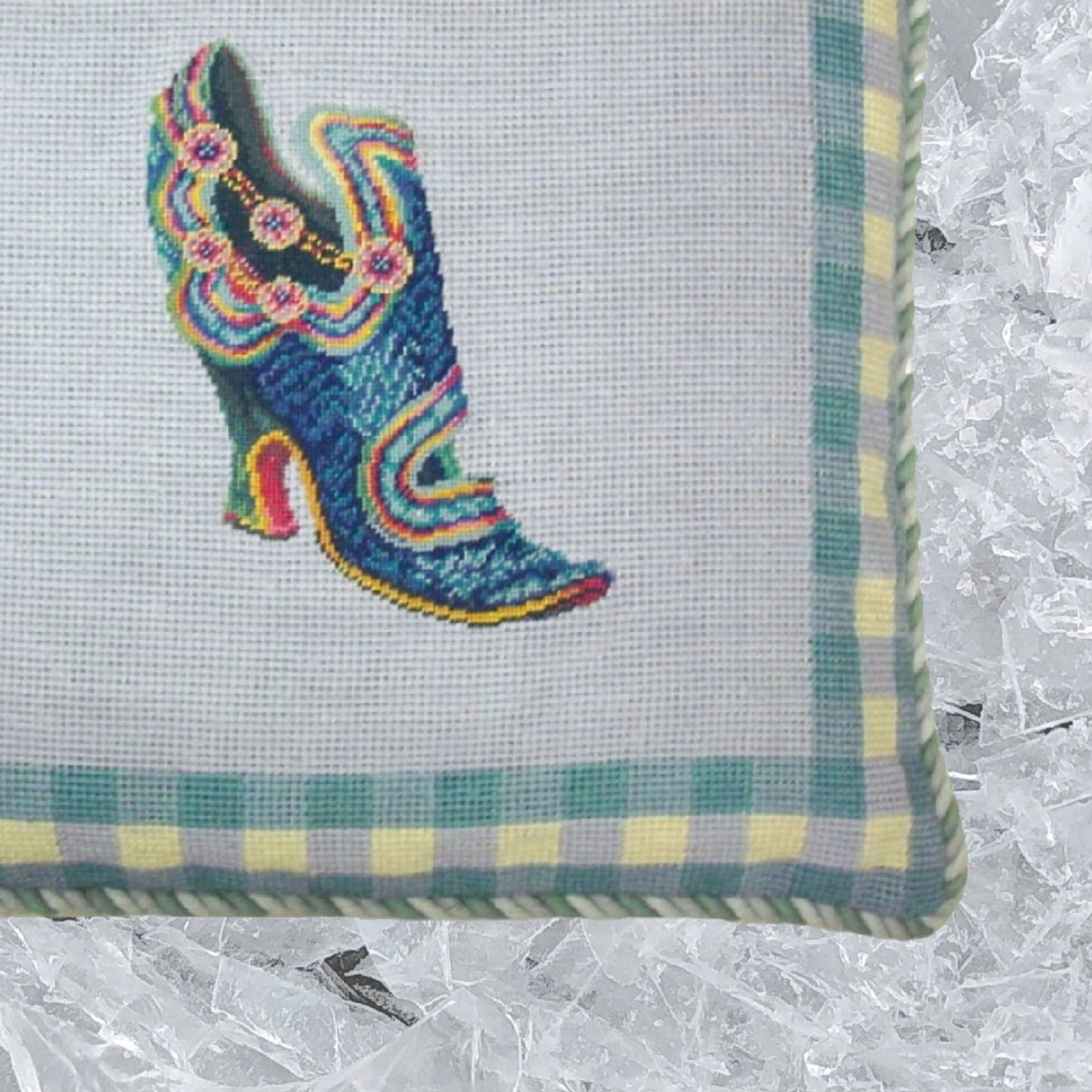 Handmade Wool Needlepoint Pillow Cover - Decorative Throw Cushion Cover - Vintage Floral Embroidery Design leather shoe with blue background 2 color cording