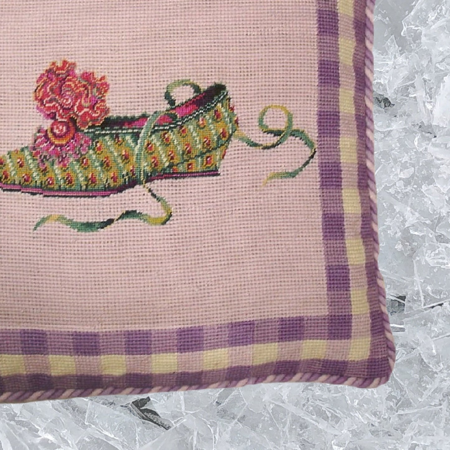 Handmade Wool Needlepoint Pillow Cover - Decorative Throw Cushion Cover - Vintage Floral Embroidery Design flat show lavender background with 2 color cording
