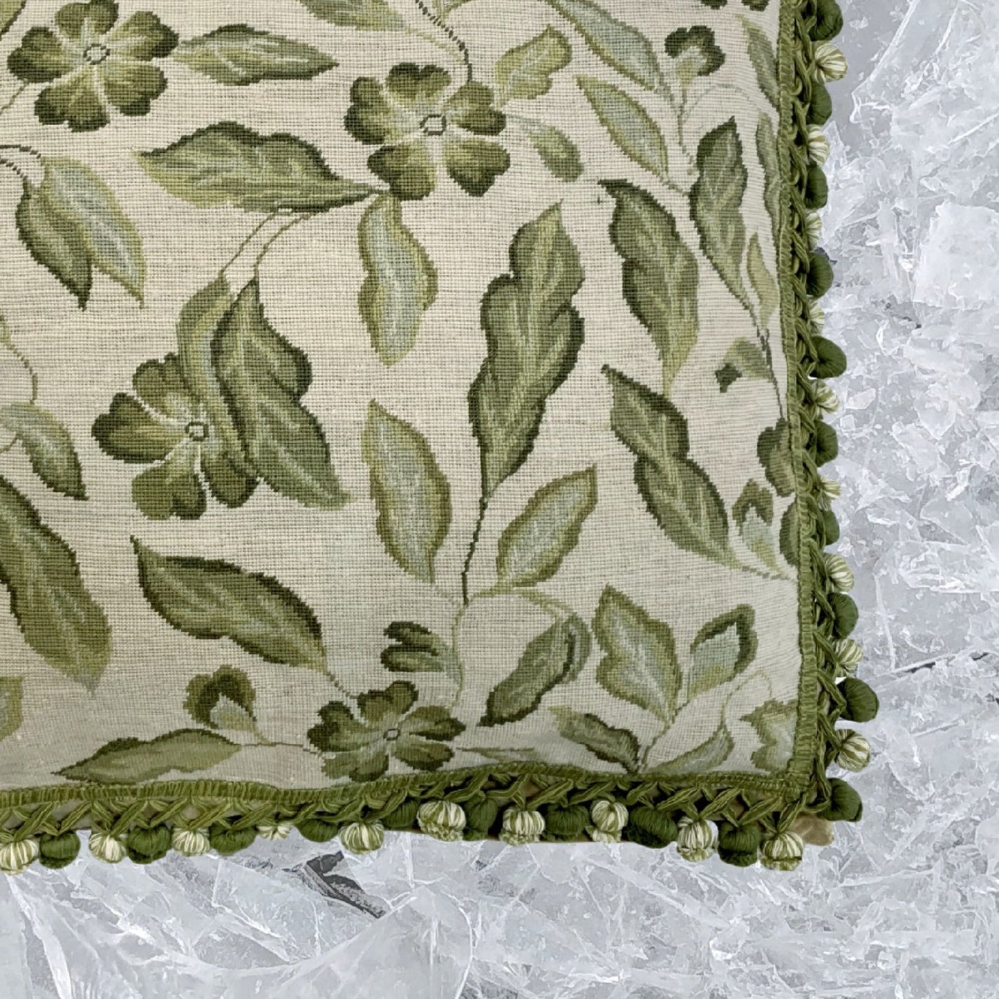 Handmade Wool Needlepoint Pillow Cover - Decorative Throw Cushion Cover - Vintage Floral Embroidery Design green leaves with tassel