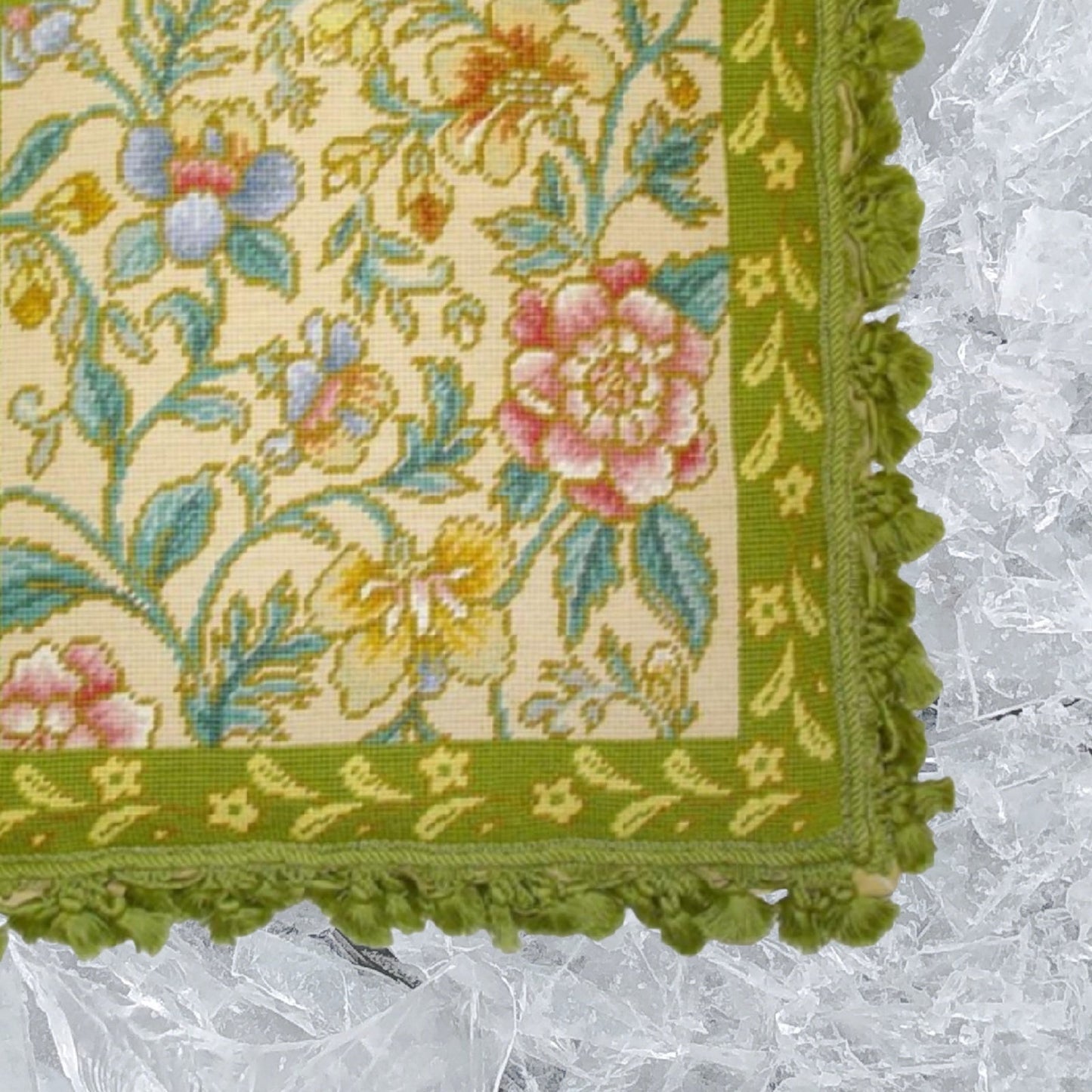 Handmade Wool Needlepoint Pillow Cover - Decorative Throw Cushion Cover - Vintage Floral Embroidery Design pink,yellow,blue plum floral center lime green frame & tassels