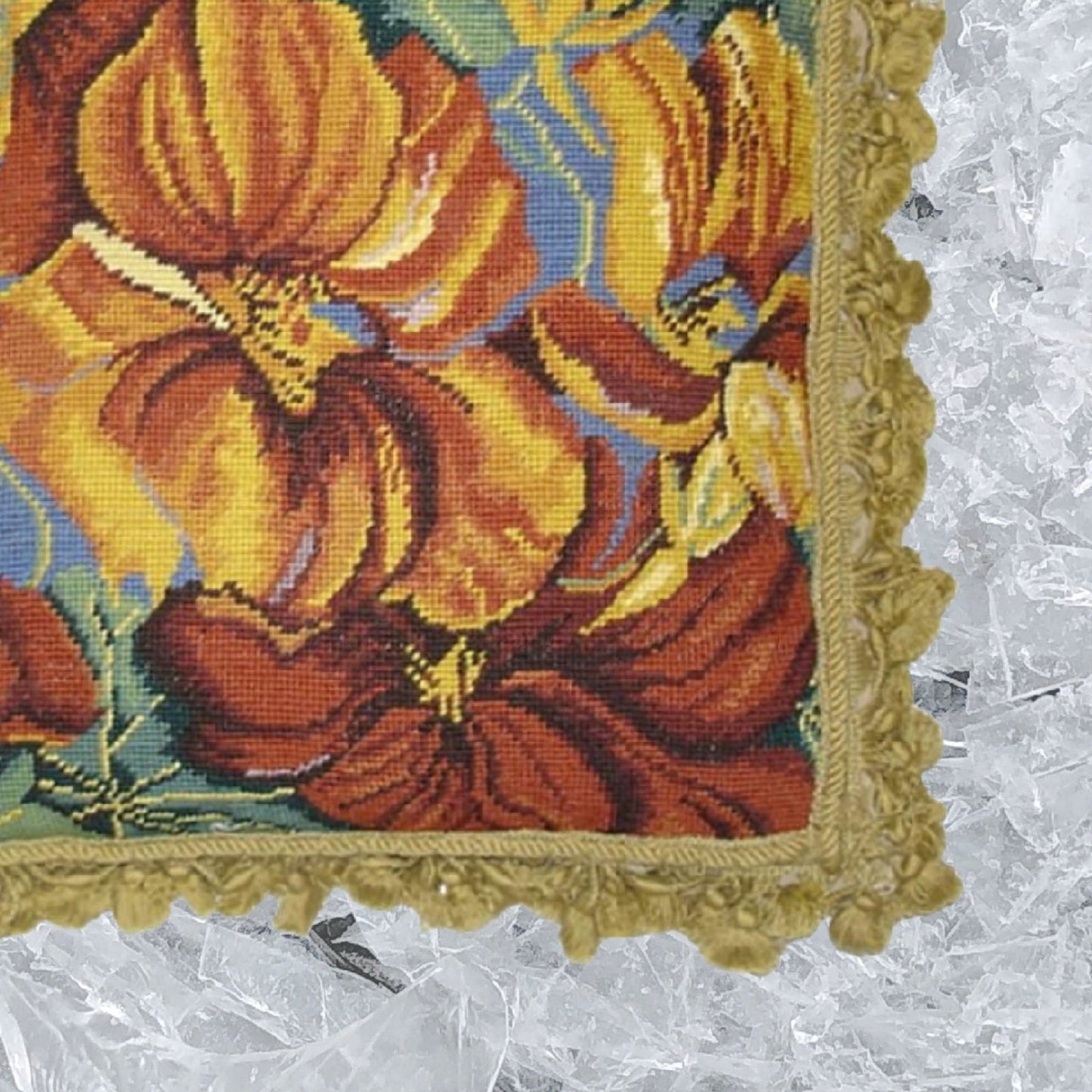 Handmade Wool Needlepoint Pillow Cover - Decorative Throw Cushion Cover - Vintage Floral Embroidery Design tiger Orchard with gold tassels