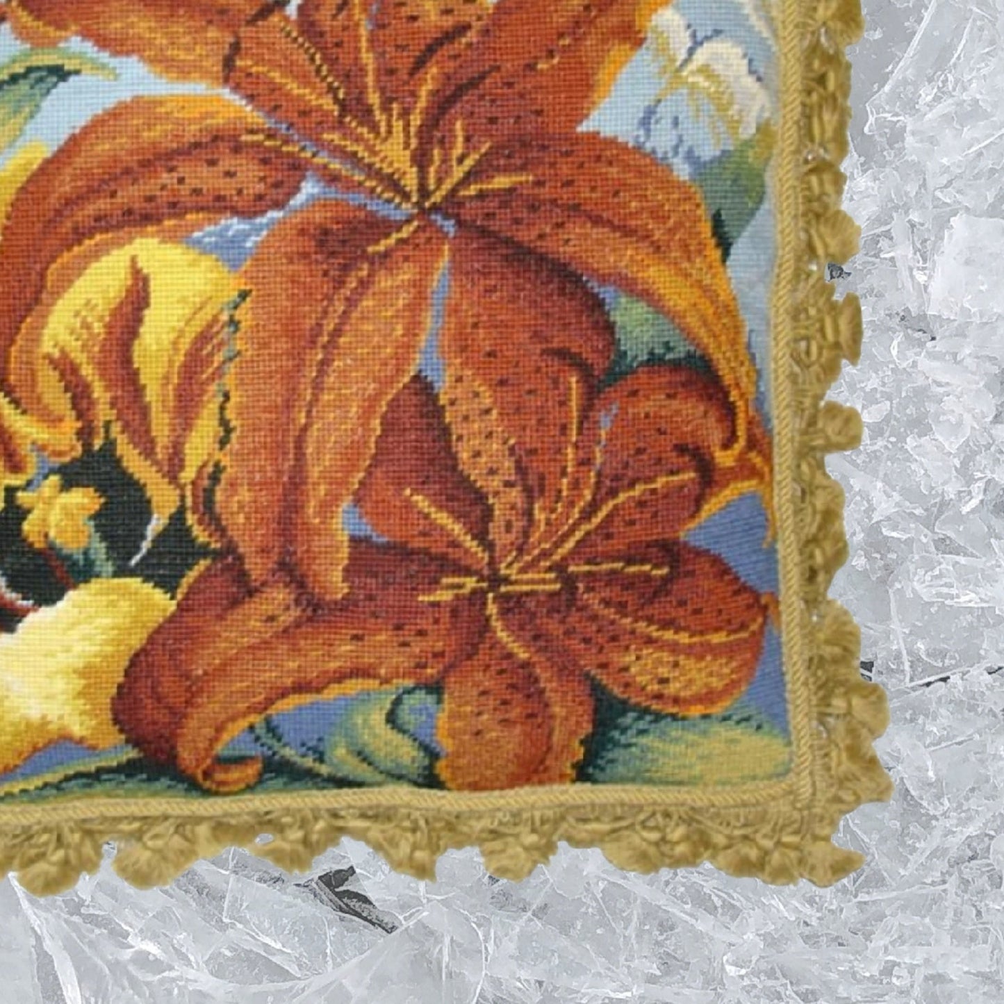 Handmade Wool Needlepoint Pillow Cover - Decorative Throw Cushion Cover - Vintage Floral Embroidery Design All tiger lilly with gold tassels