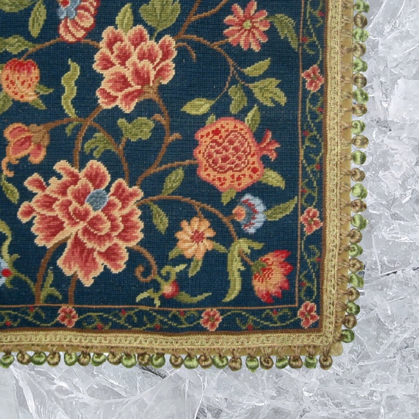 Handmade Wool Needlepoint Pillow Cover - Decorative Throw Cushion Cover - Vintage Floral Embroidery Design navy blue back blooming peonies with tassels