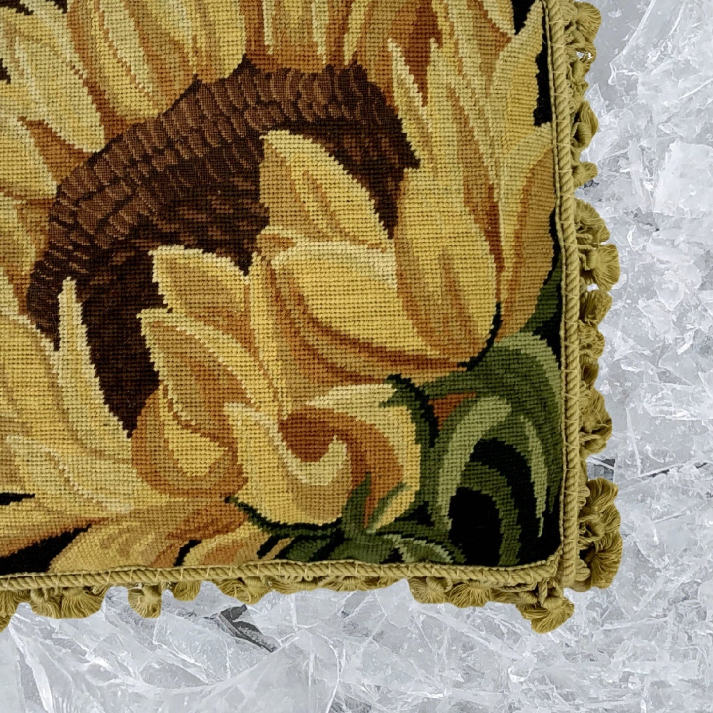 Handmade Wool Needlepoint Pillow Cover - Decorative Throw Cushion Cover - Vintage Floral Embroidery Designon yellow sunflower with tassels