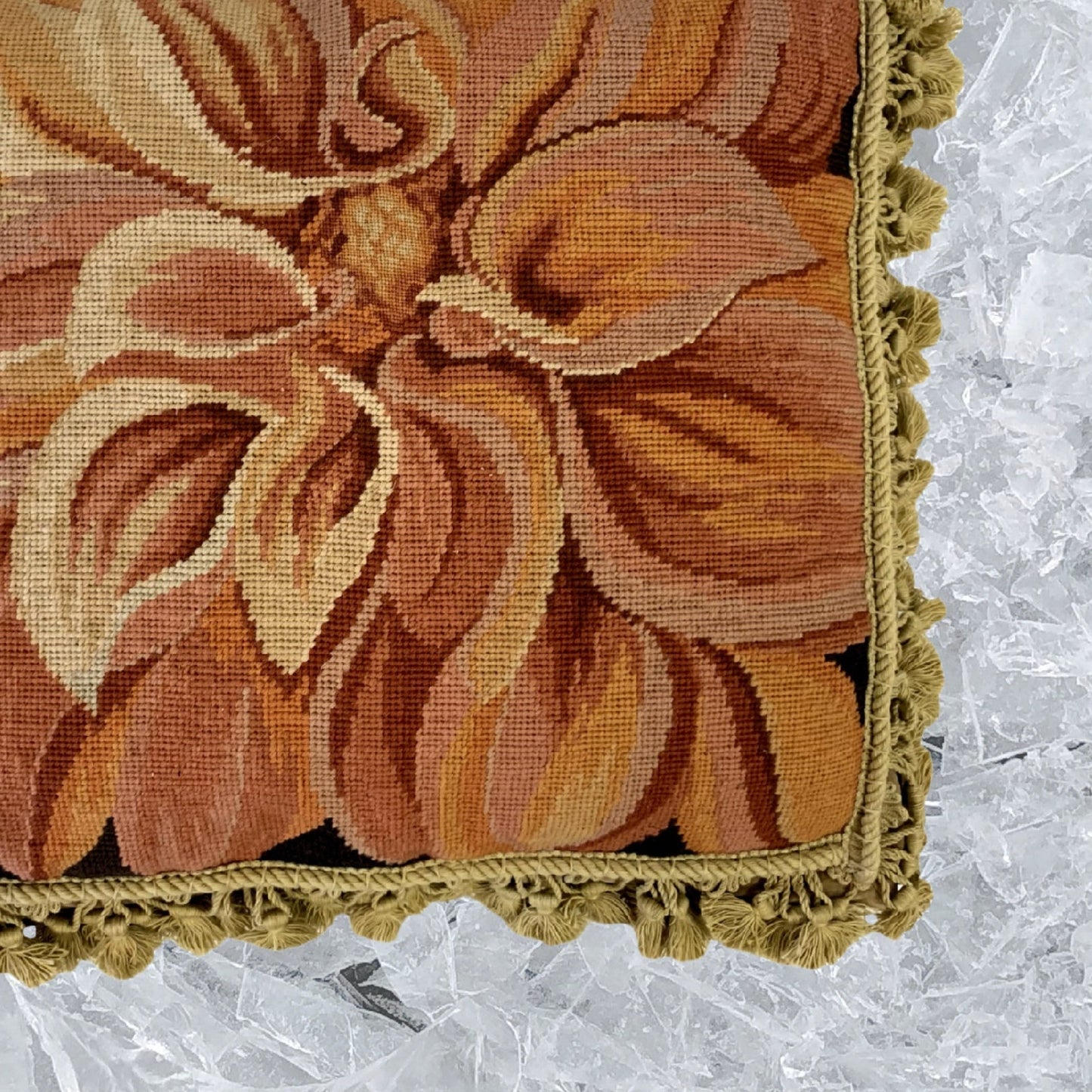 Handmade Wool Needlepoint Pillow Cover - Decorative Throw Cushion Cover - Vintage Floral Embroidery Design on orange chrysanthemum with tassels