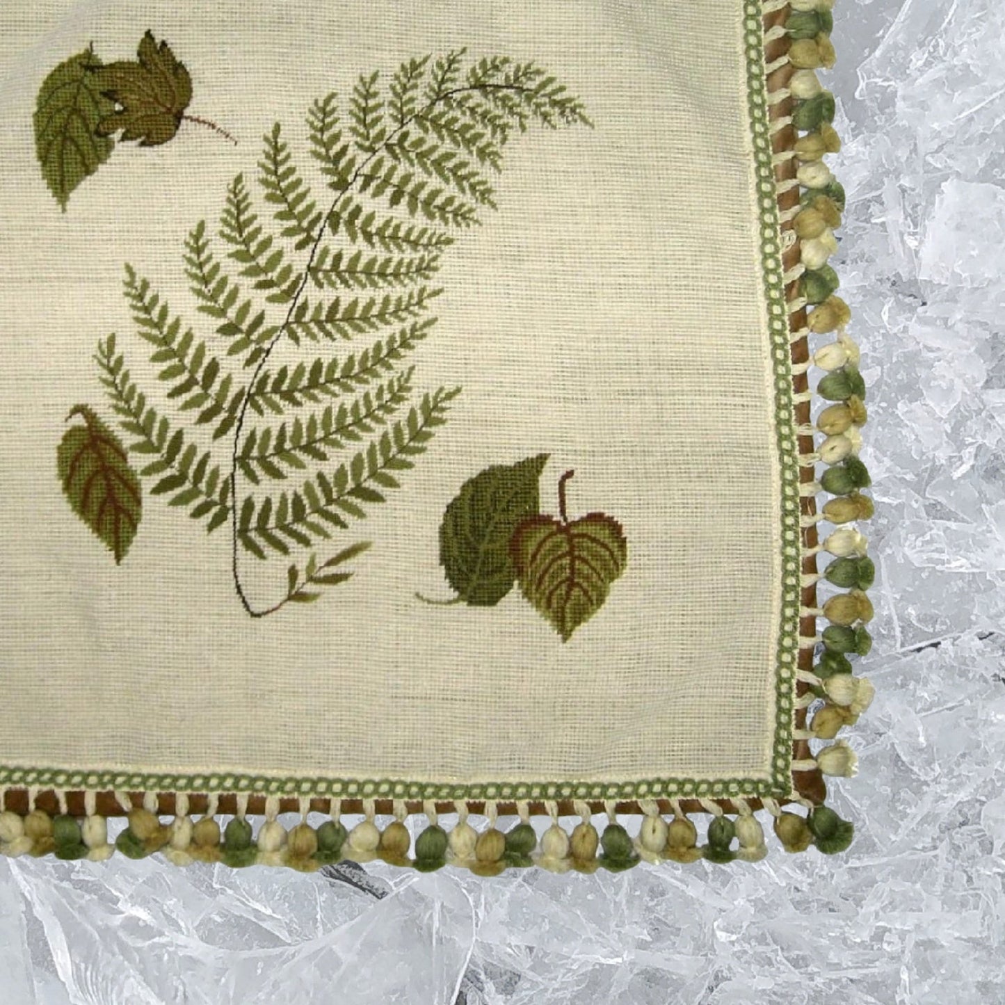 Handmade Wool Needlepoint Pillow Cover - Decorative Throw Cushion Cover - Vintage Floral Embroidery Design fern, leaves with tassels