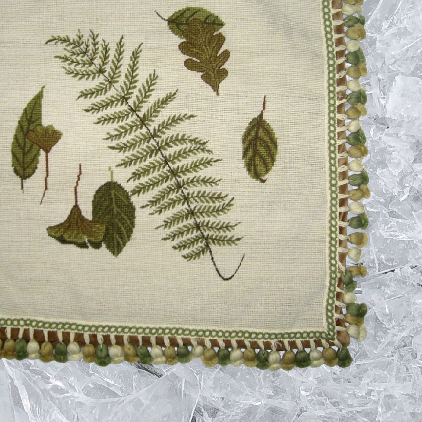 Handmade Wool Needlepoint Pillow Cover - Decorative Throw Cushion Cover - Vintage Floral Embroidery Design fern, leaves with 3 color tassels