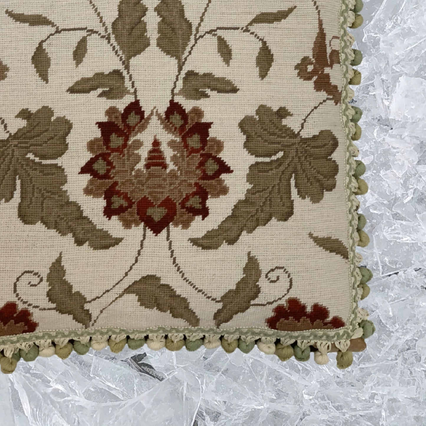 Handmade Wool Needlepoint Pillow Cover - Decorative Throw Cushion Cover - Vintage Floral Embroidery Design leaf red flowers with 3 color tassels