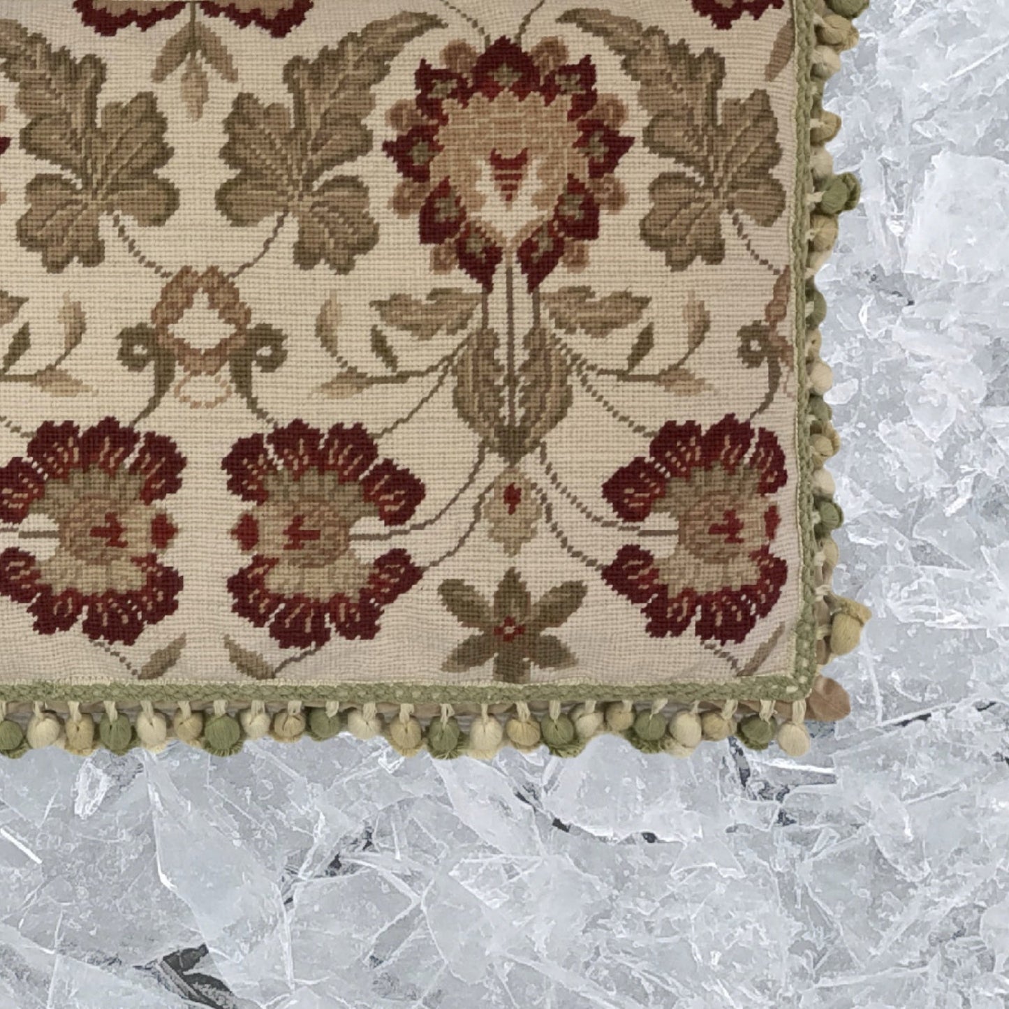 Handmade Wool Needlepoint Pillow Cover - Decorative Throw Cushion Cover - Vintage Floral Embroidery Designleaves red flowers with 3 color tassels