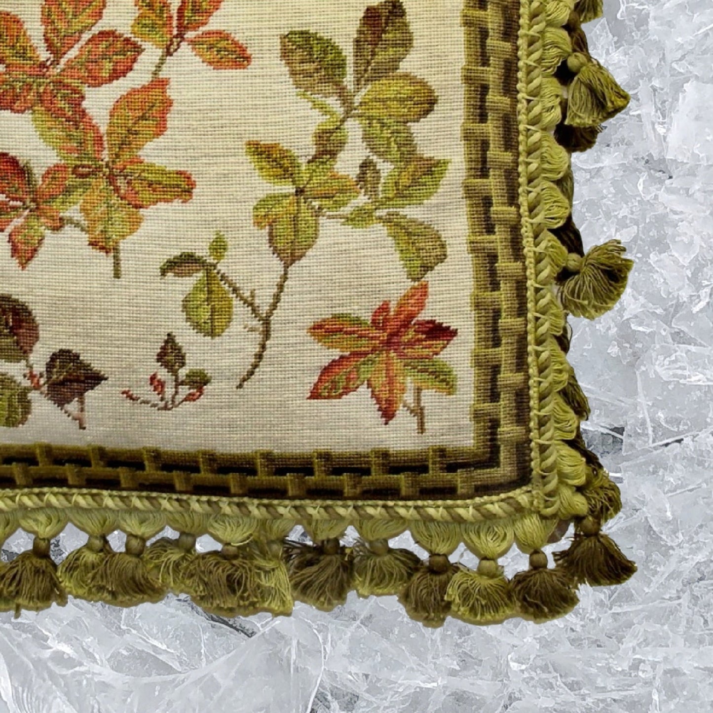 Handmade Wool Needlepoint Pillow Cover - Decorative Throw Cushion Cover - Vintage Floral Embroidery Design  leaves bamboo frame with 3 color tassel