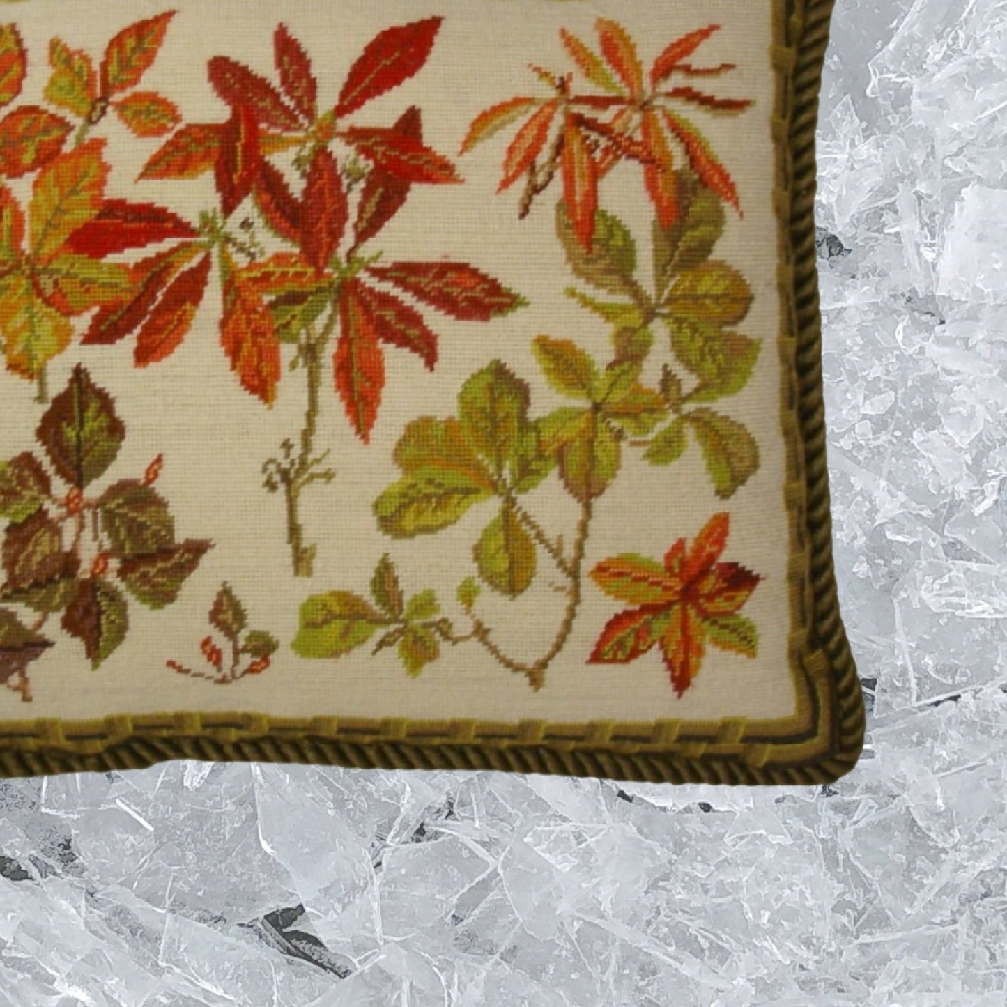 Handmade Wool Needlepoint Pillow Cover - Decorative Throw Cushion Cover - Vintage Floral Embroidery Design  banboo frame autumn leaves with cording