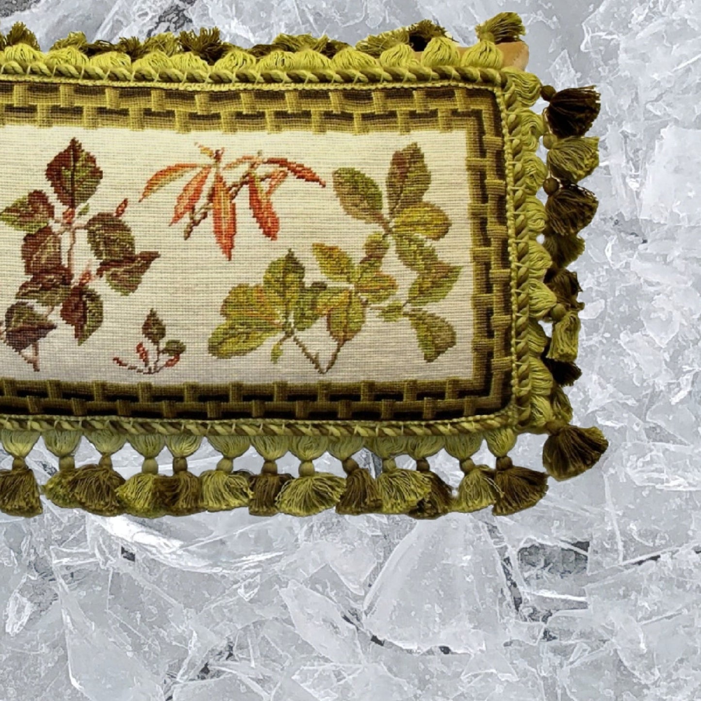 Handmade Wool Needlepoint Pillow Cover - Decorative Throw Cushion Cover - Vintage Floral Embroidery Design  leaves with brown bamboo frame 3 color tassels 1