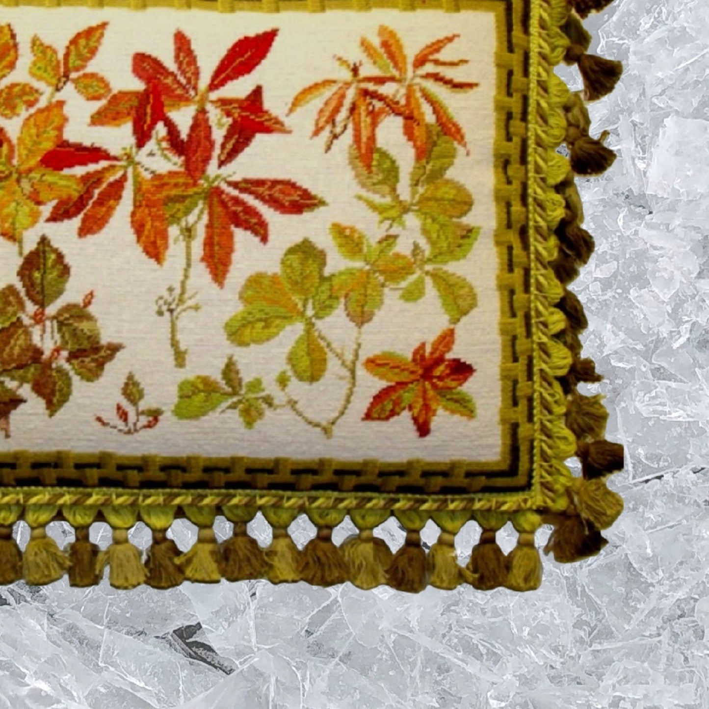 Handmade Wool Needlepoint Pillow Cover - Decorative Throw Cushion Cover - Vintage Floral Embroidery Design  leaves with brown bamboo frame 3 color tassels