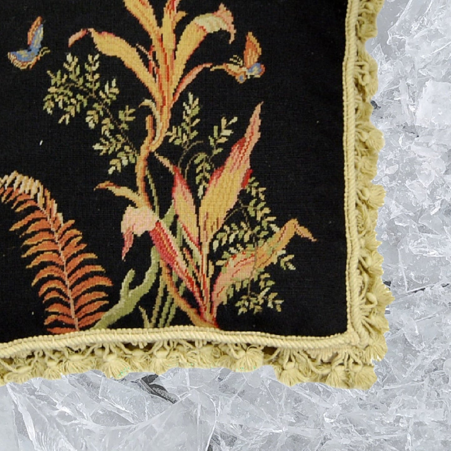 Handmade Wool Needlepoint Pillow Cover - Decorative Throw Cushion Cover - Vintage Floral Embroidery Design  tropical fern 2 blue butterflies black background with tassels