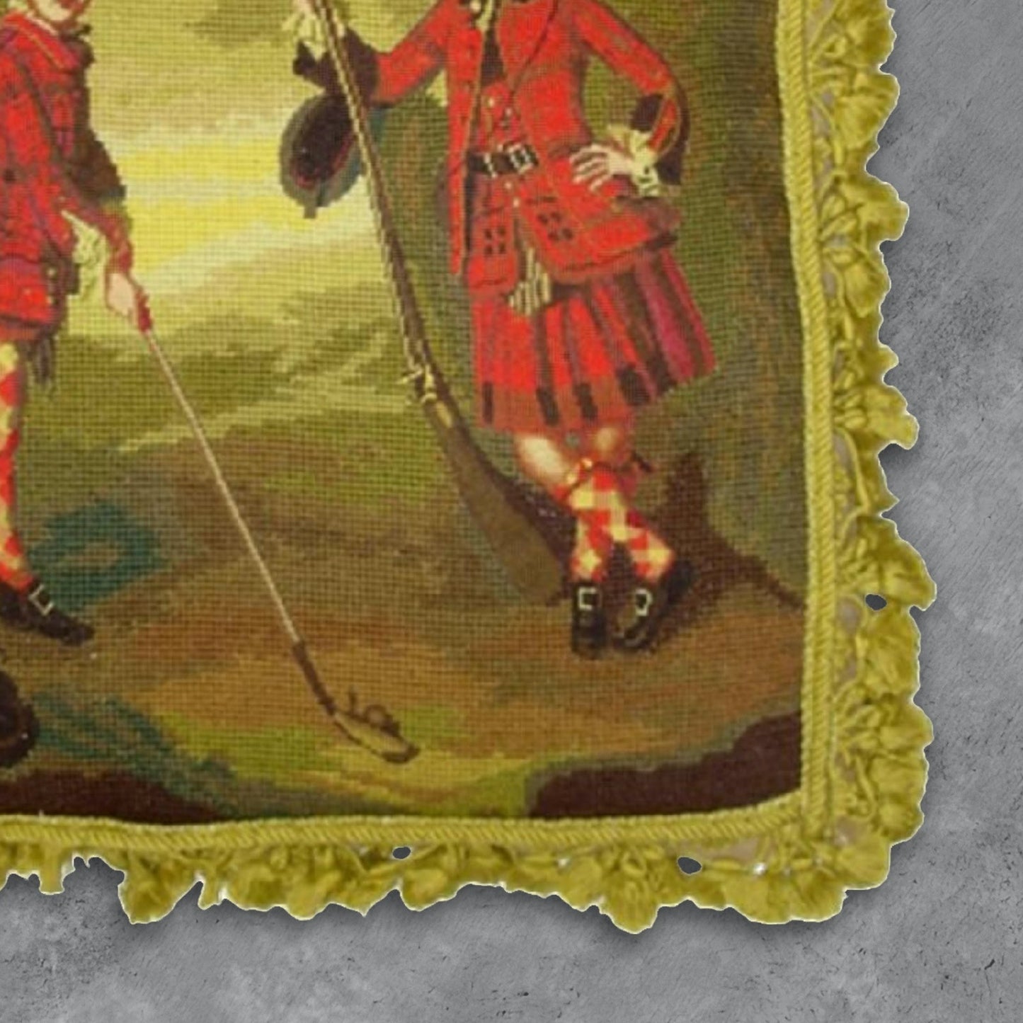 Handmade Wool Needlepoint Pillow Cover - Decorative Throw Cushion Cover - Vintage Floral Embroidery Design Irish Golfers background with tassels