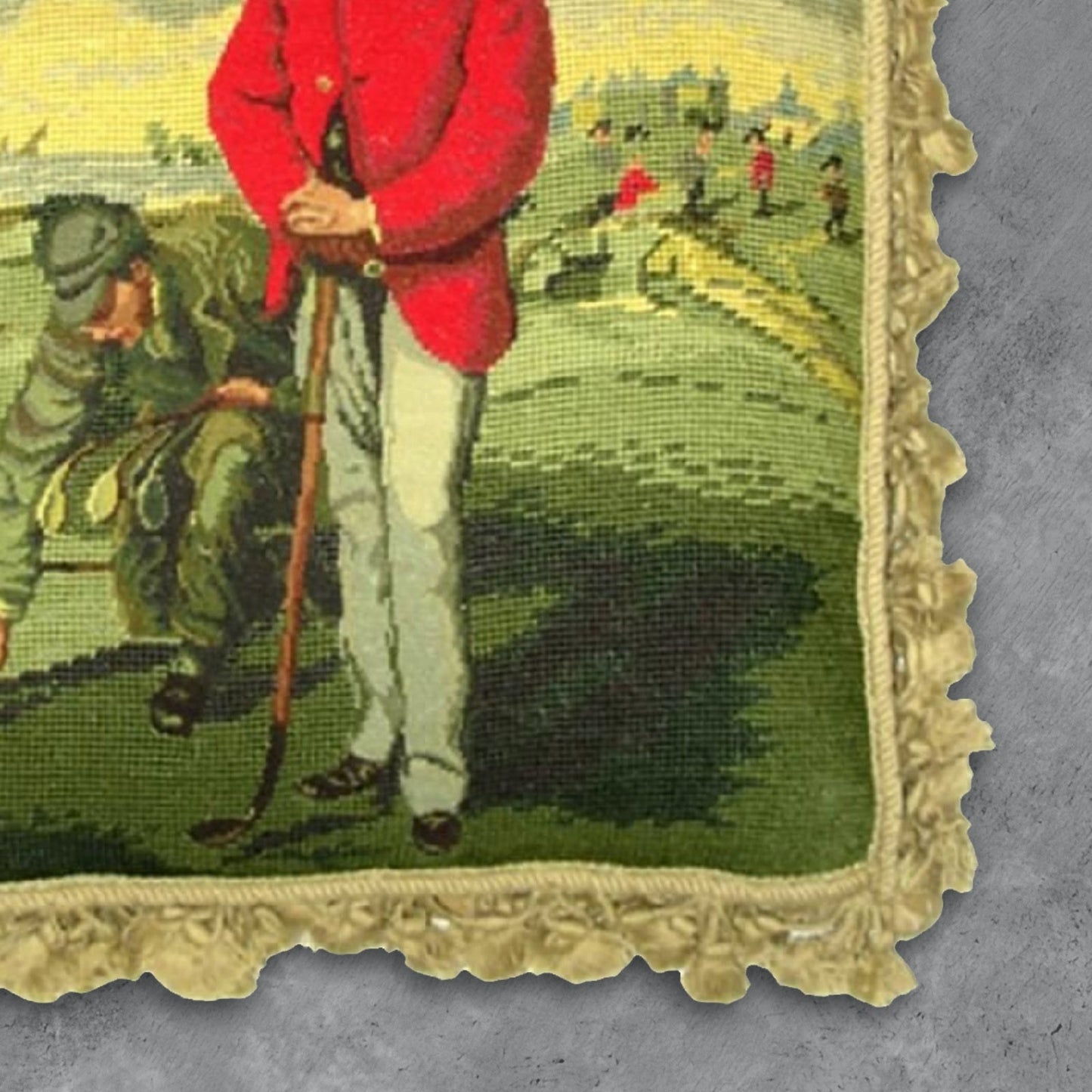 Handmade Wool Needlepoint Pillow Cover - Decorative Throw Cushion Cover - Vintage Floral Embroidery Design Uncle Tom golfers background with tassels