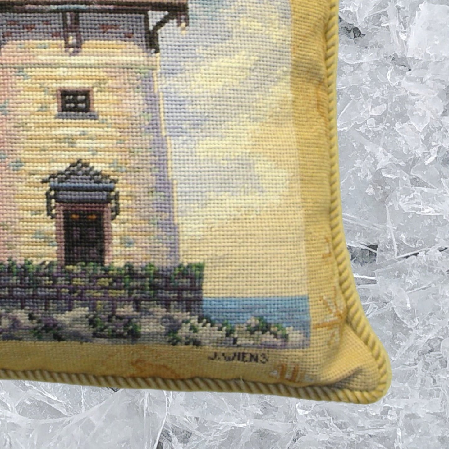 Handmade Wool Needlepoint Pillow Cover - Decorative Throw Cushion Cover - Vintage Floral Embroidery Design James Wienss designMapped Lighthouse I, & with cording