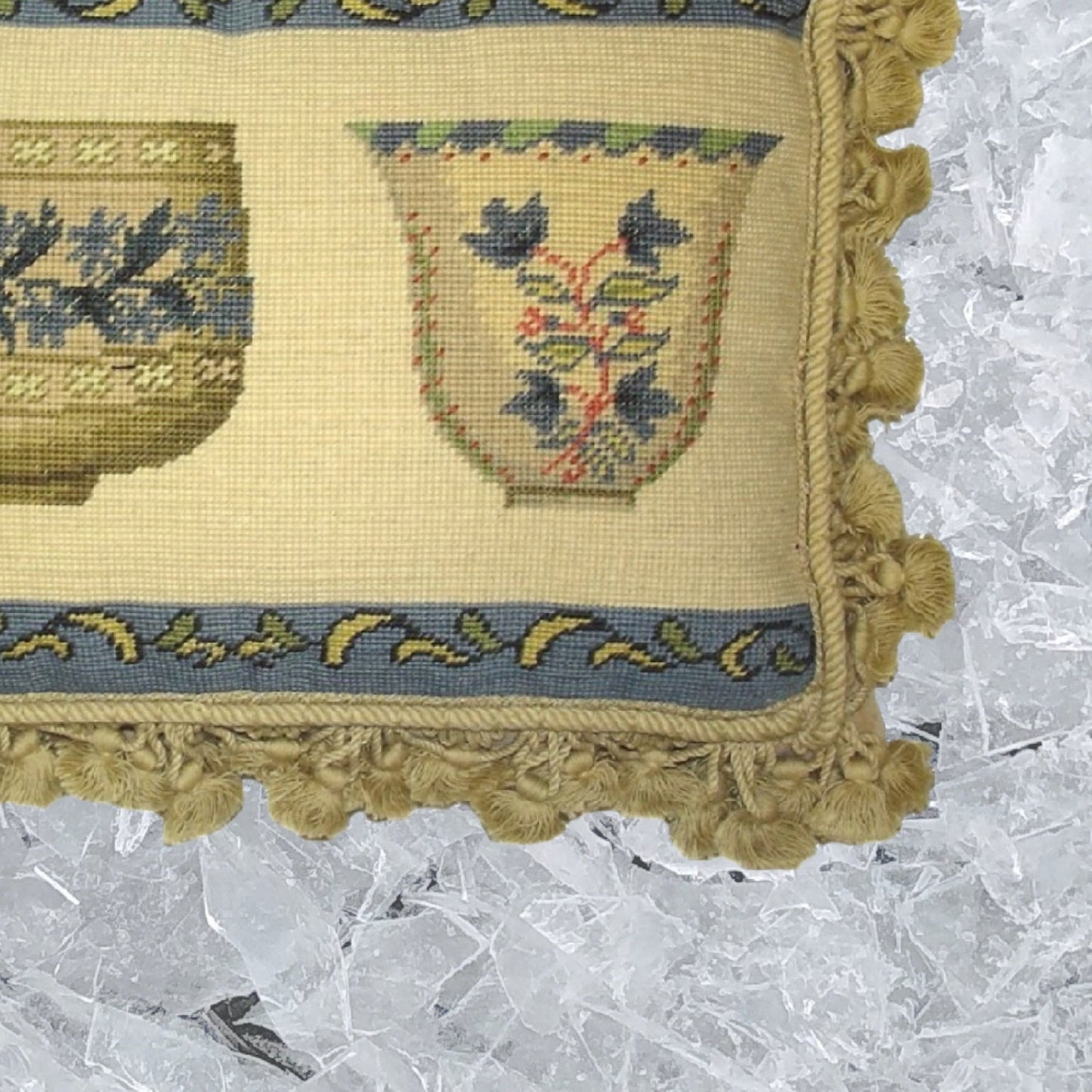 Handmade Wool Needlepoint Pillow Cover - Decorative Throw Cushion Cover - Vintage Floral Embroidery Design  French antique bowl set with tassels