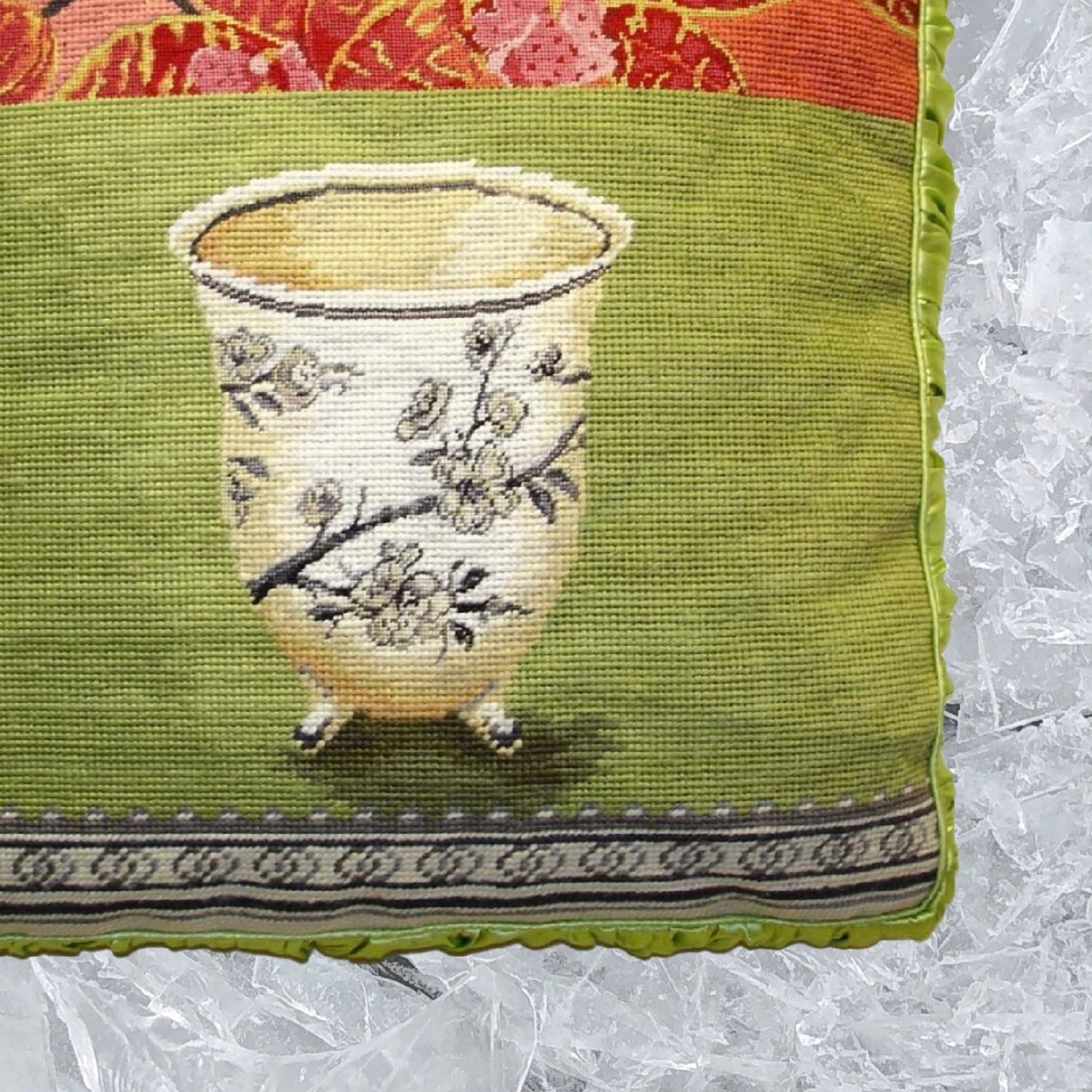 Handmade Wool Needlepoint Pillow Cover - Decorative Throw Cushion Cover - Vintage Floral Embroidery Design  Kathryn White Design M