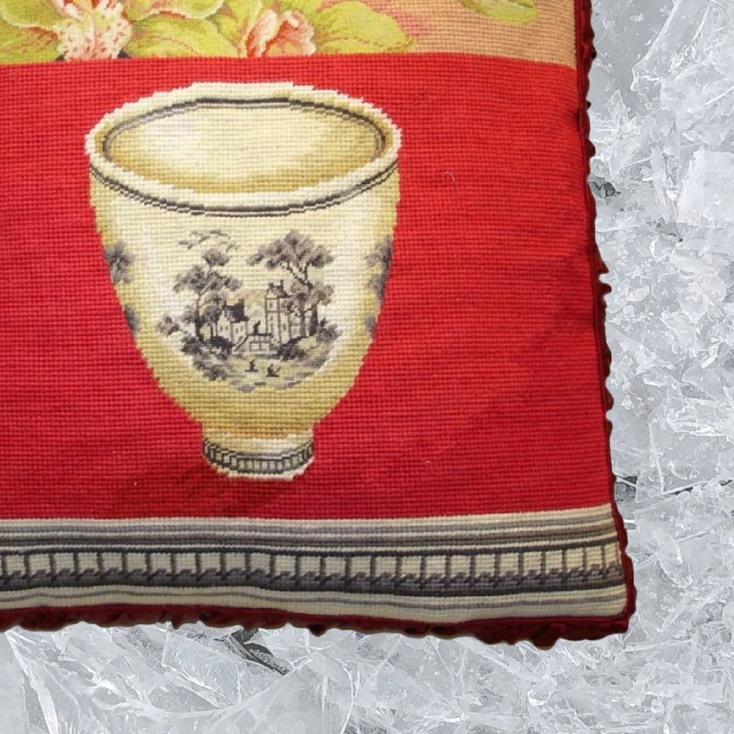 Handmade Wool Needlepoint Pillow Cover - Decorative Throw Cushion Cover - Vintage Floral Embroidery Design  Kathryn White Design O