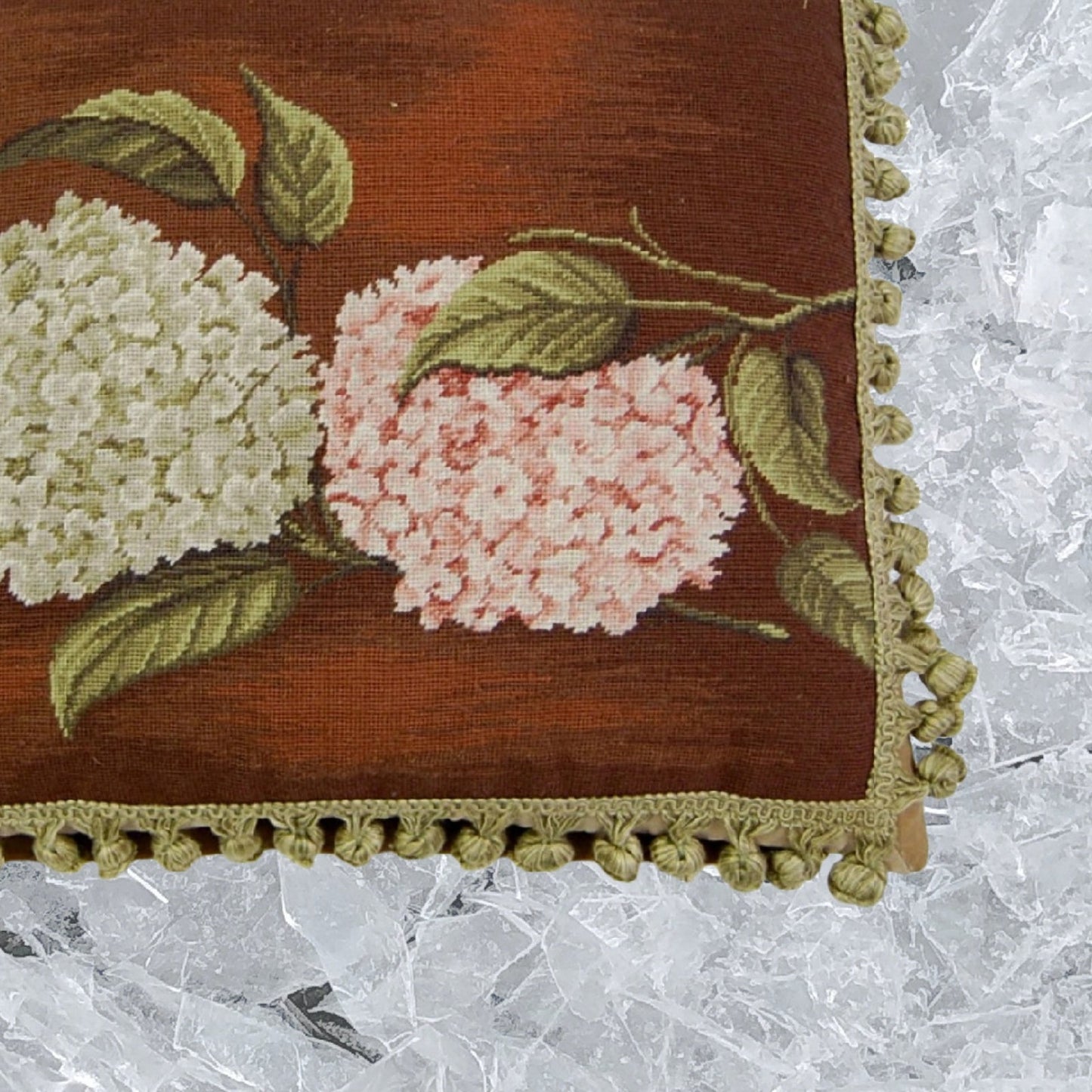 Handmade Wool Needlepoint Pillow Cover - Decorative Throw Cushion Cover - Vintage Floral Embroidery Design  brown background pink & green hydrangea with tassels