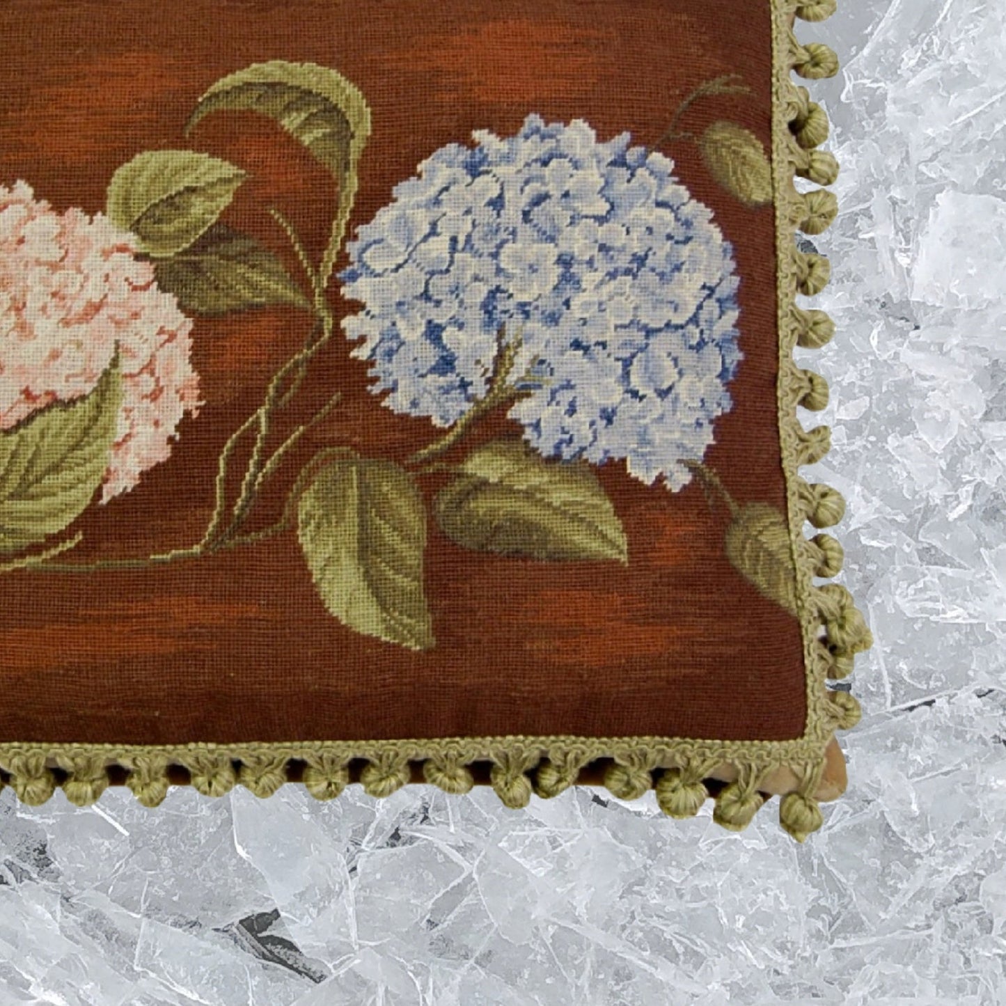 Handmade Wool Needlepoint Pillow Cover - Decorative Throw Cushion Cover - Vintage Floral Embroidery Design  brown background pink & blue hydrangea with tassels