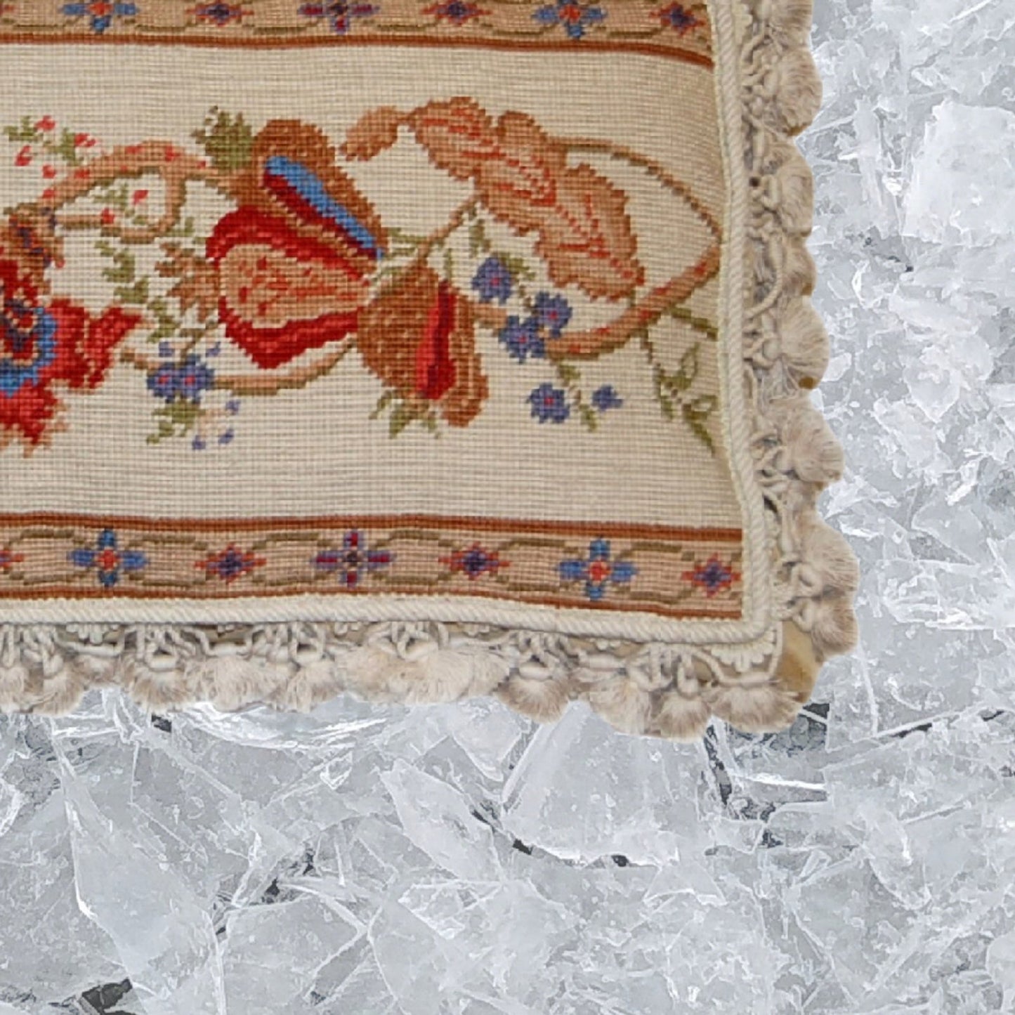 Handmade Wool Needlepoint Pillow Cover - Decorative Throw Cushion Cover - Vintage Floral Embroidery Design ginger flower with nature tassels