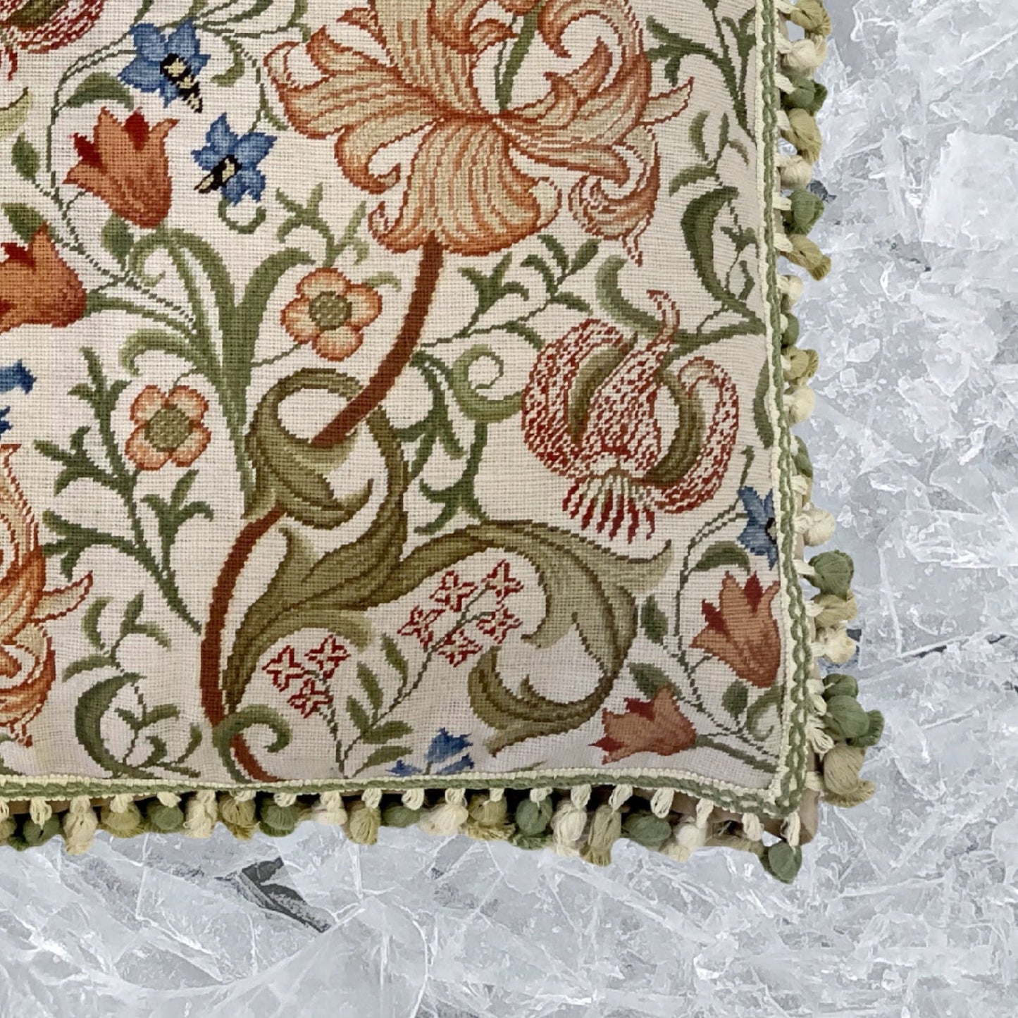 Handmade Wool Needlepoint Pillow Cover - Decorative Throw Cushion Cover - Vintage Floral Embroidery Design  floral in orange pink green blue with tassels A