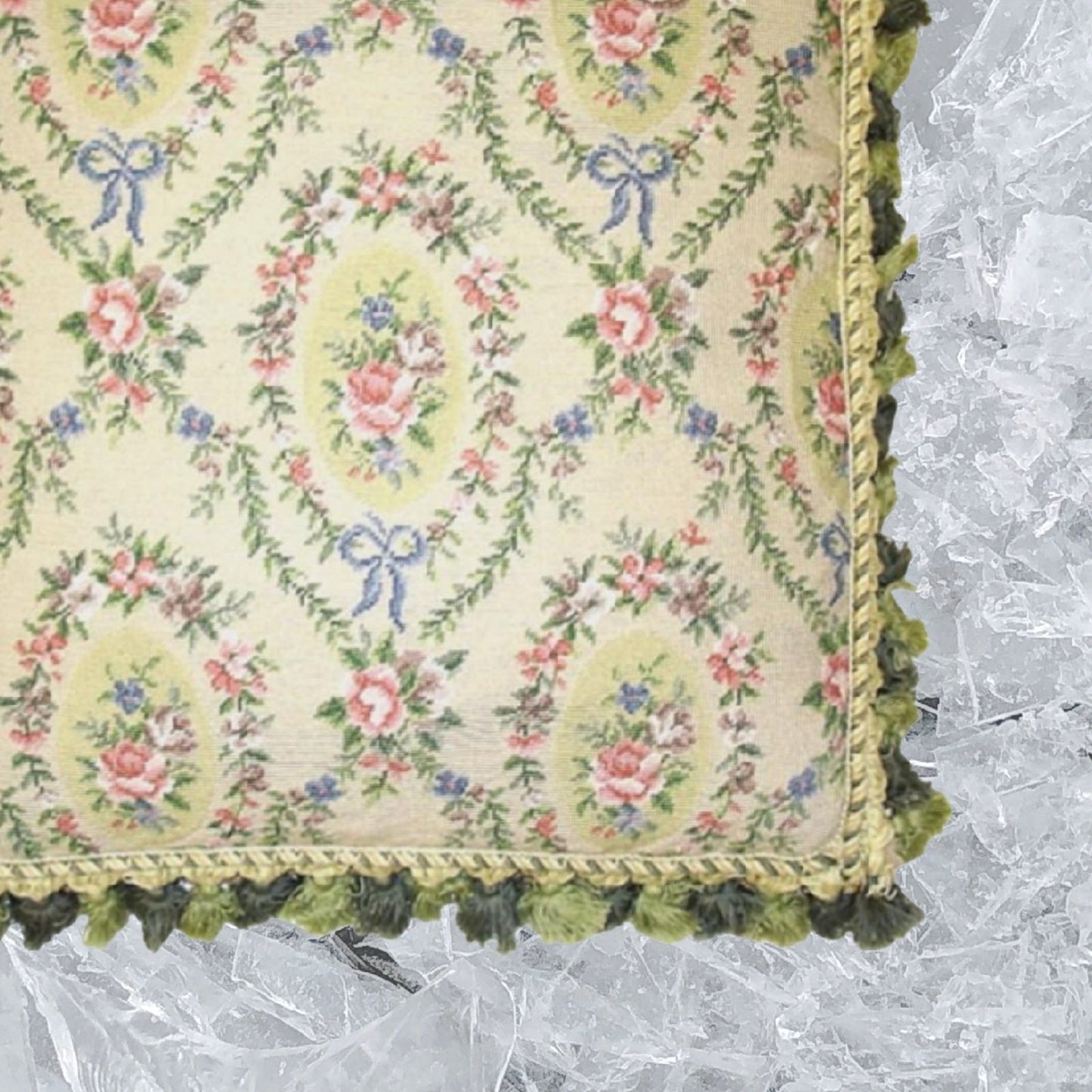 Handmade Wool Needlepoint Pillow Cover - Decorative Throw Cushion Cover - Vintage Floral Embroidery Design  oval shape roses in the leave frame with 2 tone green tassel