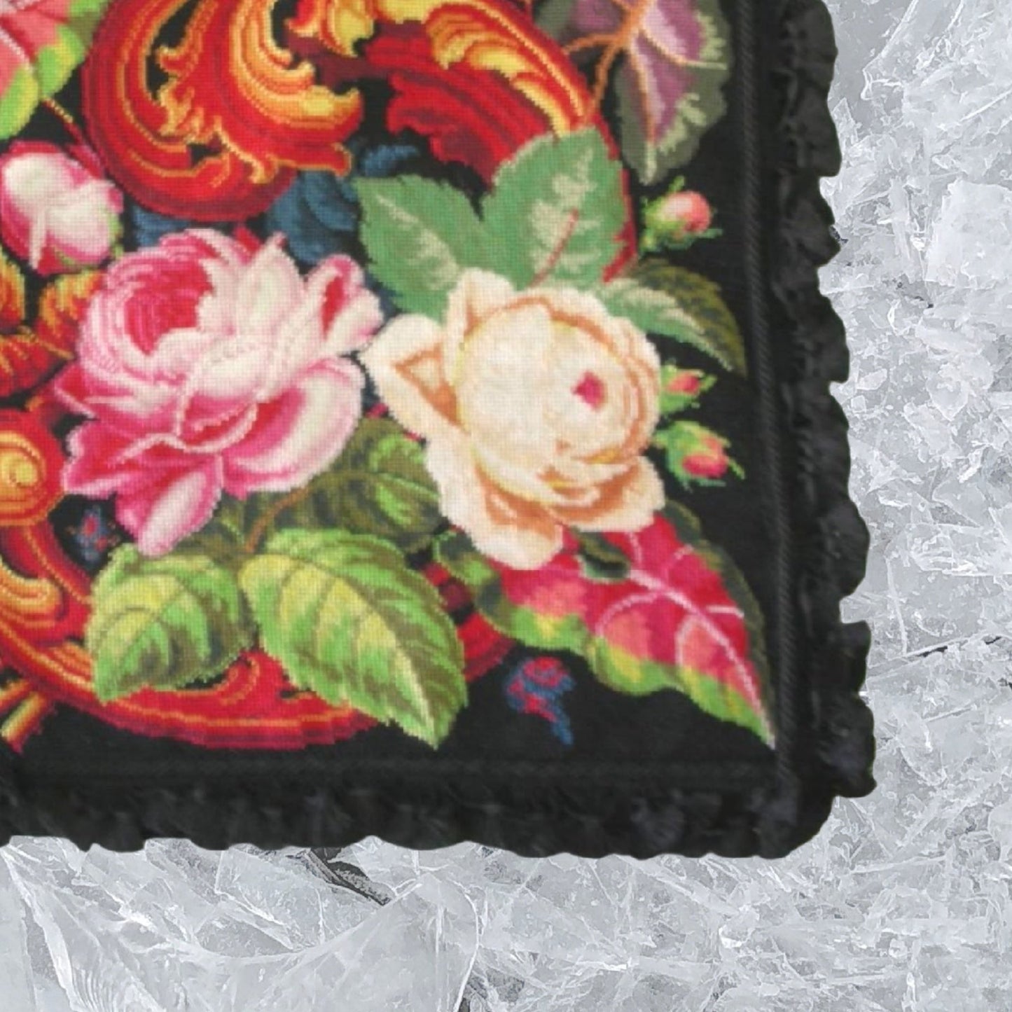 Handmade Wool Needlepoint Pillow Cover - Decorative Throw Cushion Cover - Vintage Floral Embroidery Design floral black background