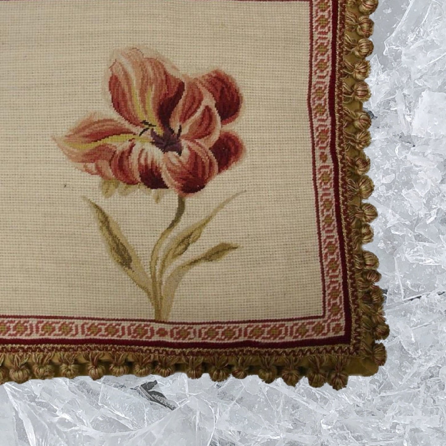 Handmade Wool Needlepoint Pillow Cover - Decorative Throw Cushion Cover - Vintage Floral Embroidery Design redPeonie Lauren Hamlton design with 2 color tassel