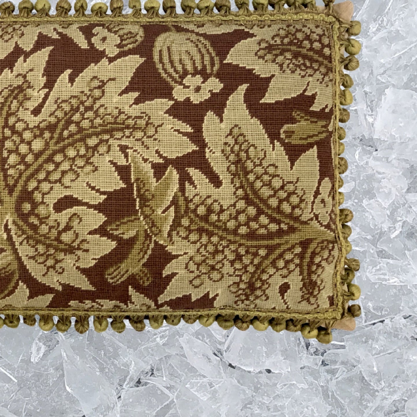 Handmade Wool Needlepoint Pillow Cover - Decorative Throw Cushion Cover - Vintage Floral Embroidery Design olive grape leaves brown background with tassels)