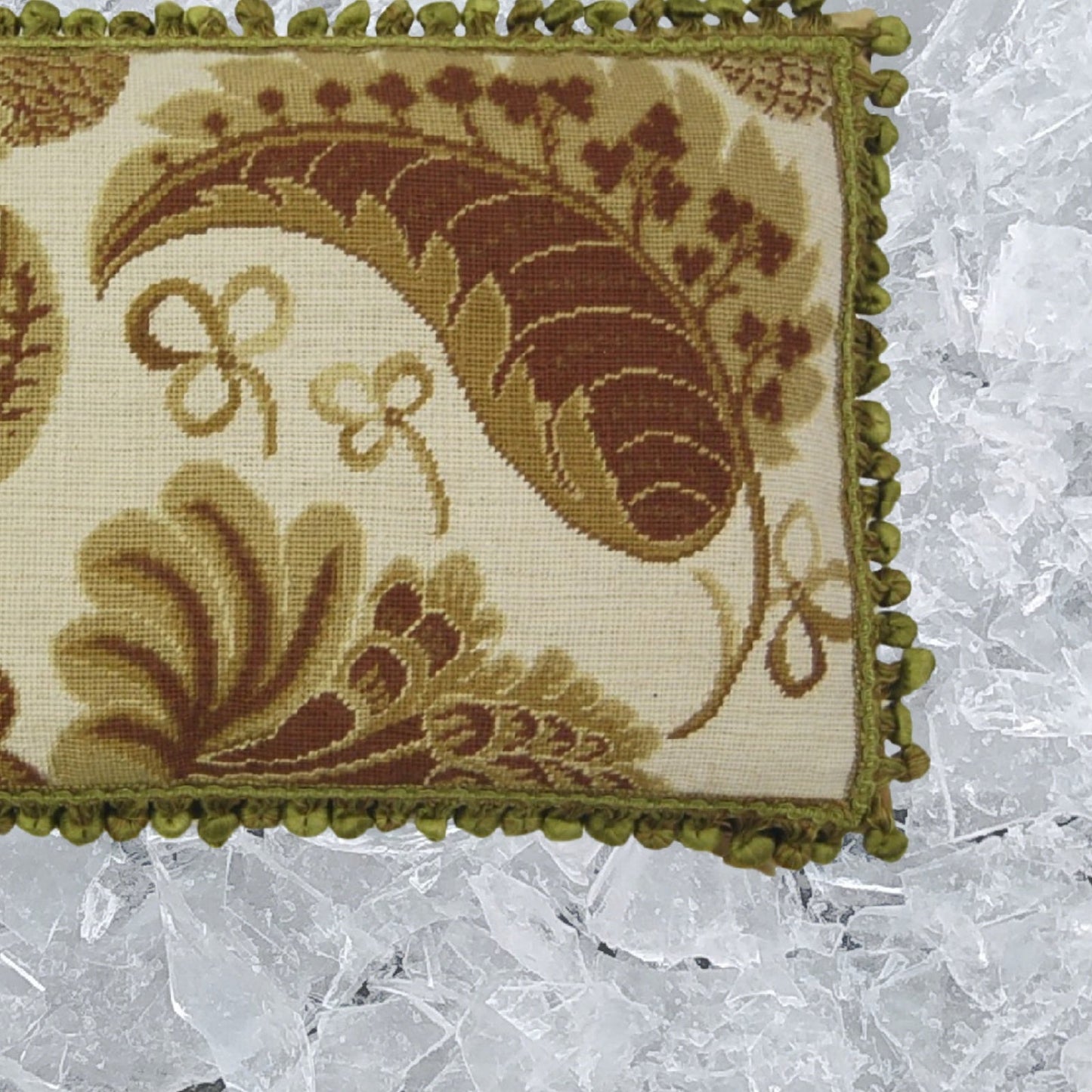 Handmade Wool Needlepoint Pillow Cover - Decorative Throw Cushion Cover - Vintage Floral Embroidery Design olive tropical leaves ivory background with tassels