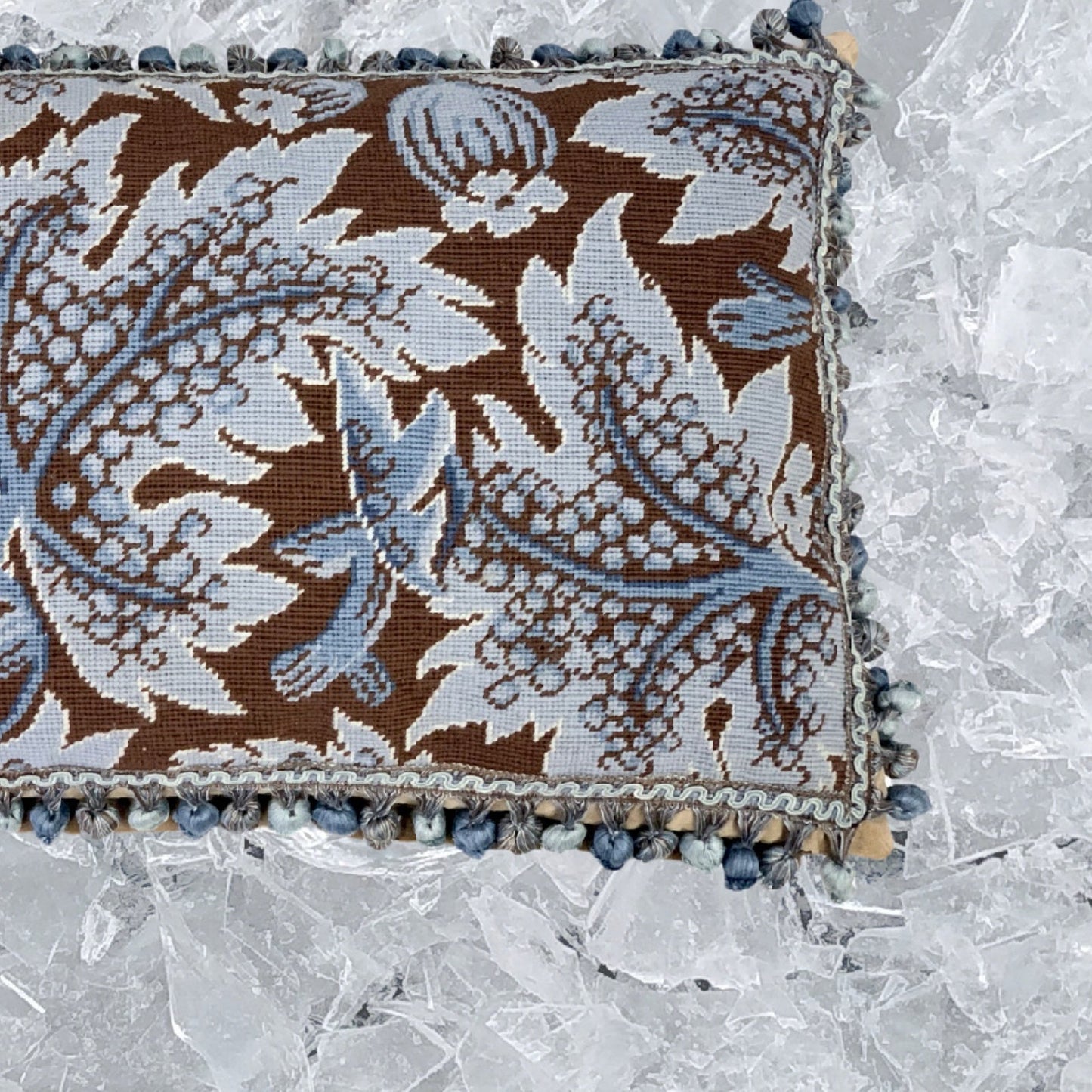 Handmade Wool Needlepoint Pillow Cover - Decorative Throw Cushion Cover - Vintage Floral Embroidery Design blue grape leaves brown background with tassels